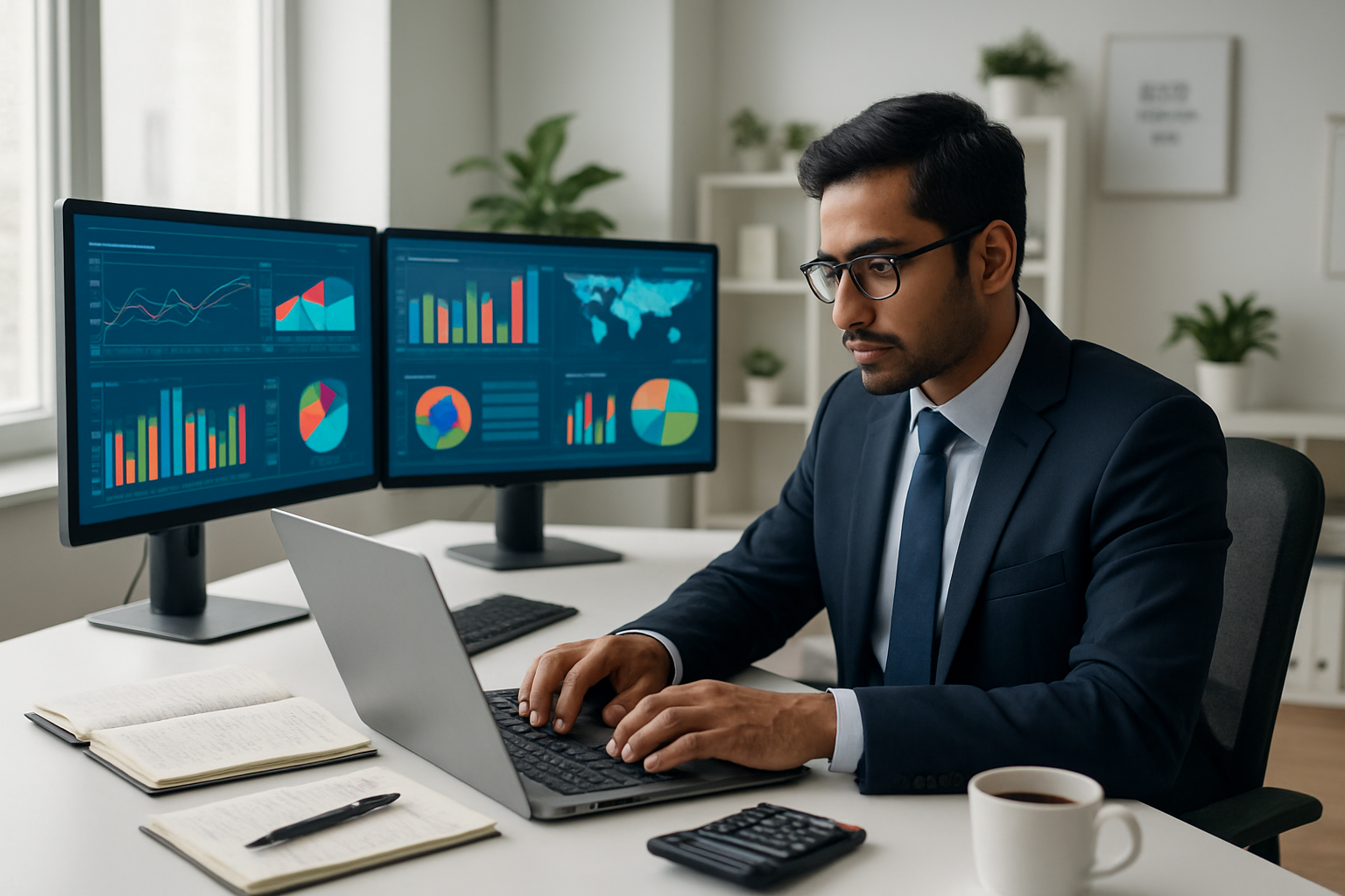 Create a realistic image of a modern office workspace with multiple computer monitors displaying colorful analytics dashboards, charts, and graphs showing social media metrics, with a South Asian male marketing professional in business attire analyzing performance data on his laptop, surrounded by notebooks with handwritten notes, a calculator, and coffee cup on a clean white desk, bright natural lighting from large windows, professional corporate atmosphere with plants and motivational elements in the background, absolutely NO text should be in the scene.