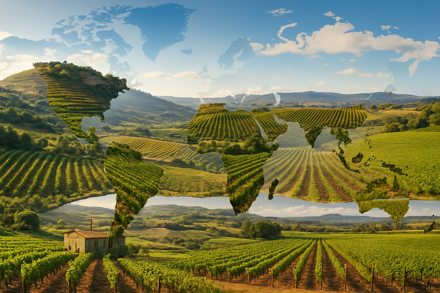 Create a realistic image of a world map showing major grape-growing regions with different vineyard landscapes from around the world including Mediterranean hillside vineyards with terraced slopes, California valley vineyards with neat rows of grapevines, European countryside with traditional wineries, and Australian vineyard fields, featuring lush green grapevines in various stages of growth, rolling hills and valleys, warm golden sunlight casting soft shadows across the agricultural landscape, with a clear blue sky and some scattered white clouds, showcasing the global diversity of grape cultivation regions in a collage-style composition. Absolutely NO text should be in the scene.