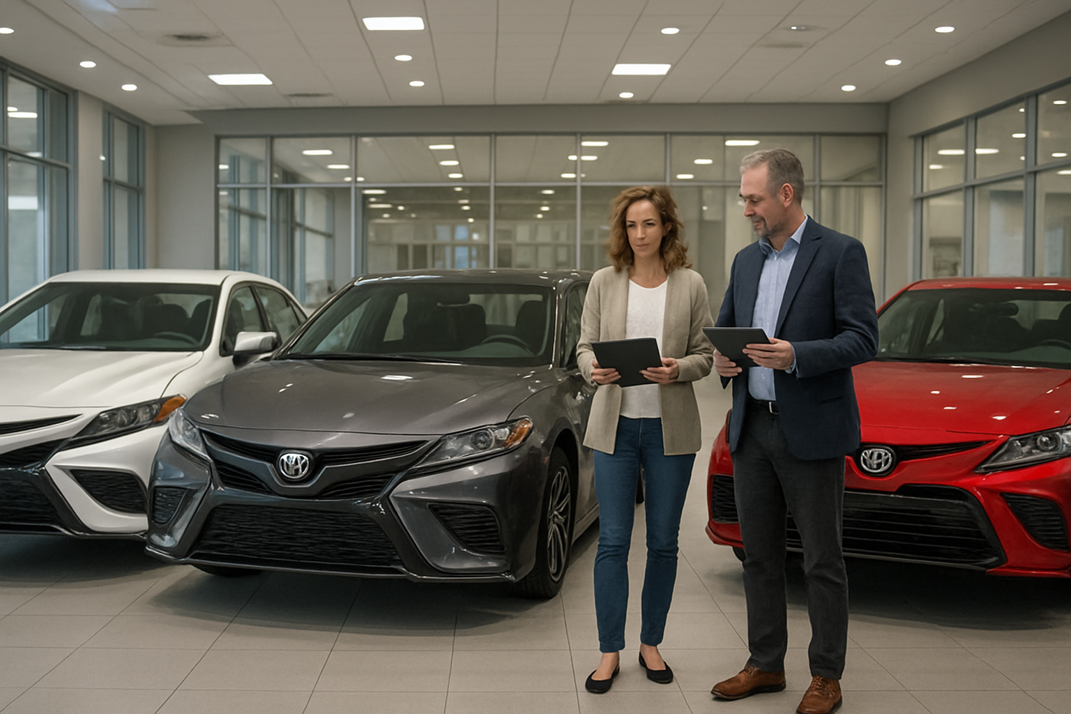 Create a realistic image of a middle-aged white male and female standing in a modern Toyota dealership showroom, carefully examining and comparing three 2025 Toyota Camry sedans positioned side by side - one in each trim level XSE, SE, and LE - with the couple holding tablets or brochures while appearing to make a thoughtful purchasing decision, bright LED showroom lighting illuminating the sleek vehicles against a clean contemporary dealership background with glass windows, absolutely NO text should be in the scene.