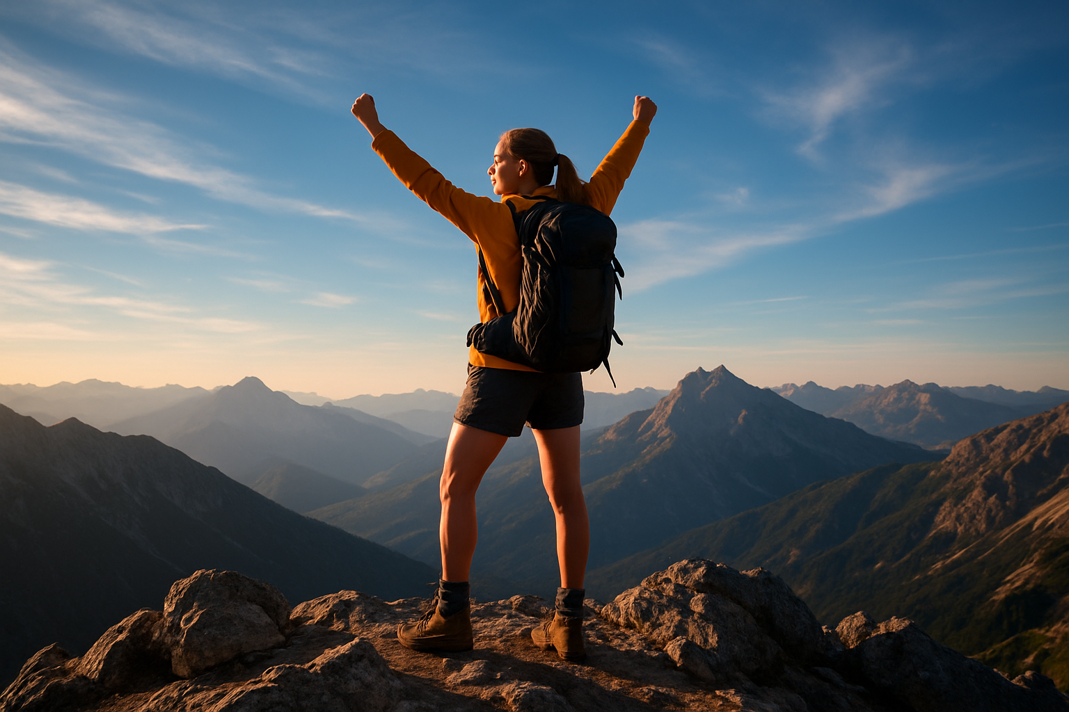 Create a realistic image of a confident young white woman standing triumphantly on a rocky mountain summit with arms raised in victory, wearing hiking gear including a backpack and outdoor clothing, with majestic mountain peaks and valleys stretching into the distance under a bright blue sky with wispy clouds, golden hour lighting casting a warm glow on the scene, conveying achievement and empowerment through outdoor adventure. Absolutely NO text should be in the scene.