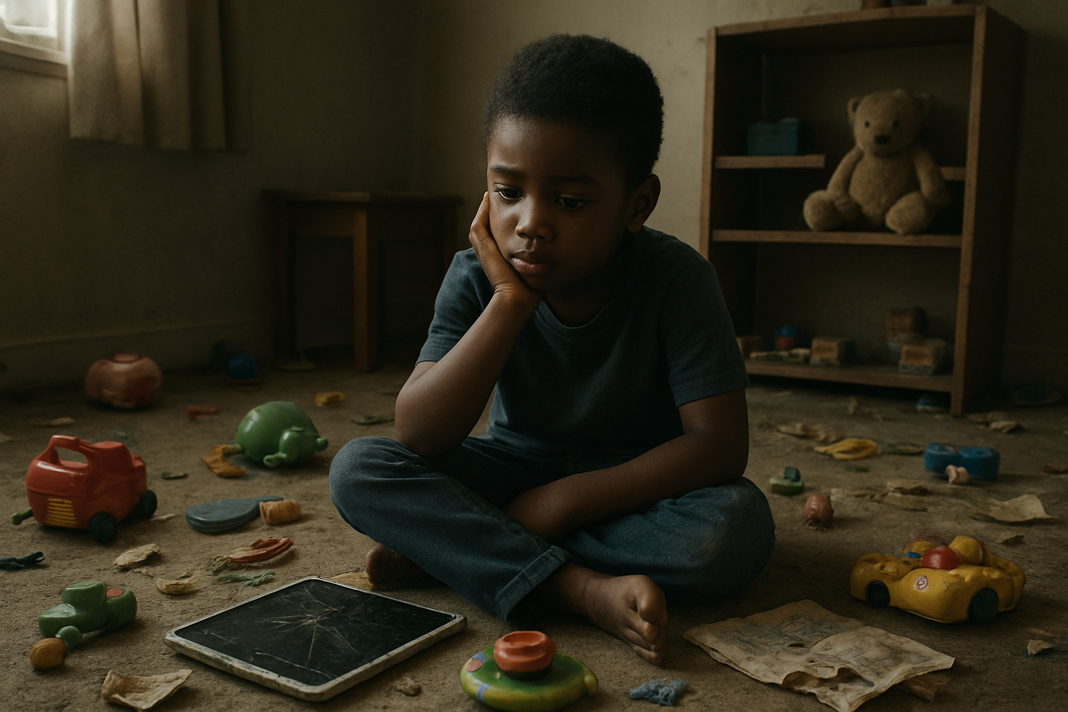 Create a realistic image of a cluttered playroom with several broken, outdated, and neglected toys scattered on the floor including a tablet with a cracked screen, plastic toys with missing parts, and educational books with torn pages, while a young black male child around 6 years old sits in the center looking bored and disinterested with his chin resting on his hand, surrounded by the failed toys in dim natural lighting from a window, creating a melancholic atmosphere that emphasizes disconnection and lack of engagement, with soft shadows and muted colors throughout the scene, absolutely NO text should be in the scene.