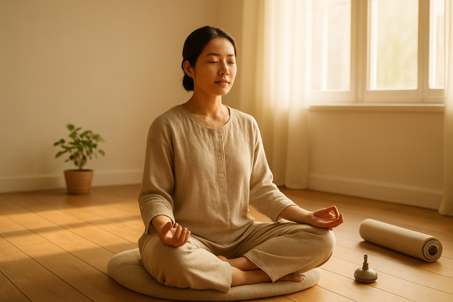 Create a realistic image of a serene meditation scene showing a peaceful Asian female in her 30s sitting cross-legged in lotus position on a soft meditation cushion, eyes gently closed with a calm expression, positioned in a bright minimalist room with natural wooden floors, soft morning sunlight streaming through large windows, with subtle elements like a small potted plant, rolled yoga mat, and meditation bell nearby, creating a tranquil atmosphere that represents completion and mastery of meditation practice, with warm golden lighting and a sense of inner peace and accomplishment. Absolutely NO text should be in the scene.