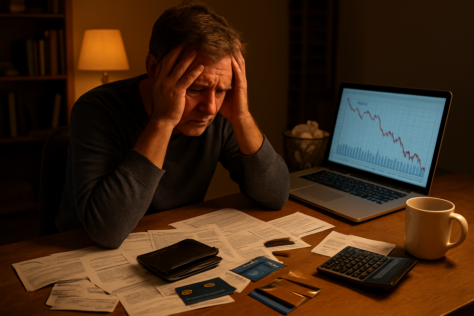 Create a realistic image of a stressed middle-aged white male sitting at a cluttered desk with unpaid bills scattered around, credit cards spread out, a calculator showing negative numbers, an empty wallet lying open, and a laptop displaying financial charts with declining trends, set in a dimly lit home office with warm yellow lighting creating shadows that emphasize the worried expression on his face as he holds his head in his hands, with crumpled papers in a wastepaper basket nearby and a coffee mug suggesting long hours of financial worry, absolutely NO text should be in the scene.