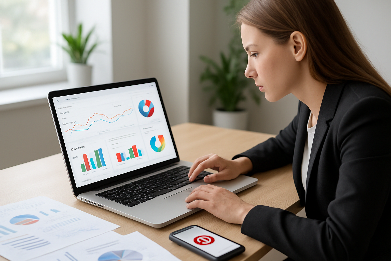 Create a realistic image of a white female business professional sitting at a modern desk with a laptop displaying Pinterest analytics dashboard with colorful graphs, charts and data visualizations on the screen, a smartphone showing Pinterest app interface placed beside the laptop, scattered business documents and a coffee cup on the desk, bright natural lighting from a window, clean modern office environment with plants in the background, the woman appears focused and engaged while analyzing the data, absolutely NO text should be in the scene.