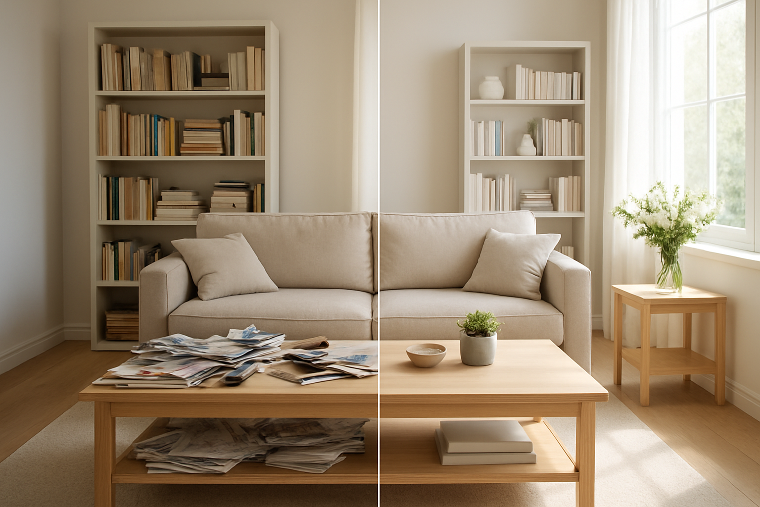 Create a realistic image of a bright, modern living room showing a dramatic before-and-after transformation split scene, with the left side displaying a cluttered coffee table covered in magazines, remote controls, and miscellaneous items alongside overstuffed bookshelves, while the right side shows the same space completely organized with a clean coffee table featuring only a small plant and decorative bowl, neatly arranged bookshelves with minimal decor, and fresh flowers in a vase, captured in natural daylight streaming through large windows creating a fresh and airy atmosphere, absolutely NO text should be in the scene.