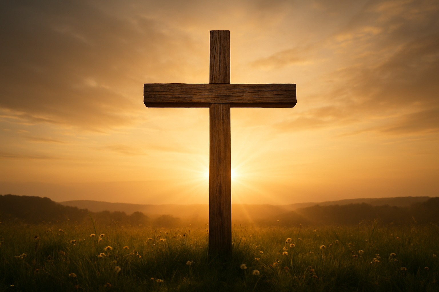 Create a realistic image of a large wooden cross standing prominently in the center of the frame, weathered and aged with natural wood grain texture, positioned against a soft golden sunrise or sunset sky with warm light rays emanating from behind the cross creating a dramatic silhouette effect, surrounded by a peaceful meadow with scattered wildflowers and green grass, gentle rolling hills visible in the distant background, serene and reverent atmosphere with soft diffused lighting that highlights the cross as the focal point, absolutely NO text should be in the scene.