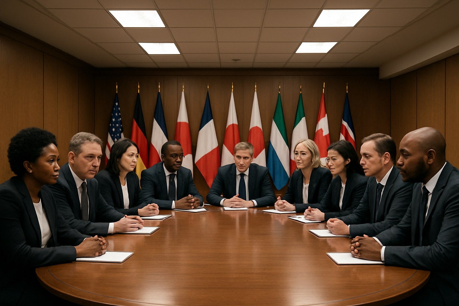Create a realistic image of a diverse group of government officials and political leaders from different nations sitting around a large oval conference table in a formal meeting room, including white male and female politicians, black male and female representatives, and Asian male and female delegates, all wearing formal business attire and engaged in serious discussion with concerned expressions, with national flags from various countries displayed on stands behind them, under bright fluorescent lighting in a modern governmental building interior with wood-paneled walls, Absolutely NO text should be in the scene.