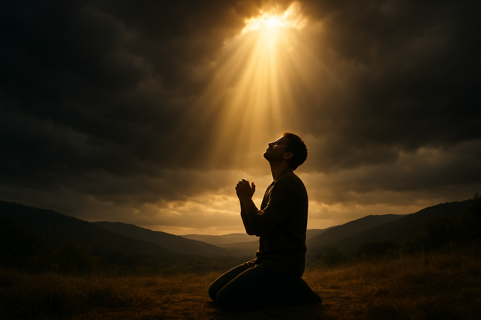 Create a realistic image of a person kneeling in a posture of prayer or contemplation with their face tilted upward toward a brilliant beam of golden sunlight breaking through dark storm clouds, symbolizing hope overcoming despair, set in a serene outdoor environment with rolling hills in the background, dramatic lighting contrasting the dark cloudy sky with the radiant light, creating an atmosphere of spiritual triumph and renewal, absolutely NO text should be in the scene.