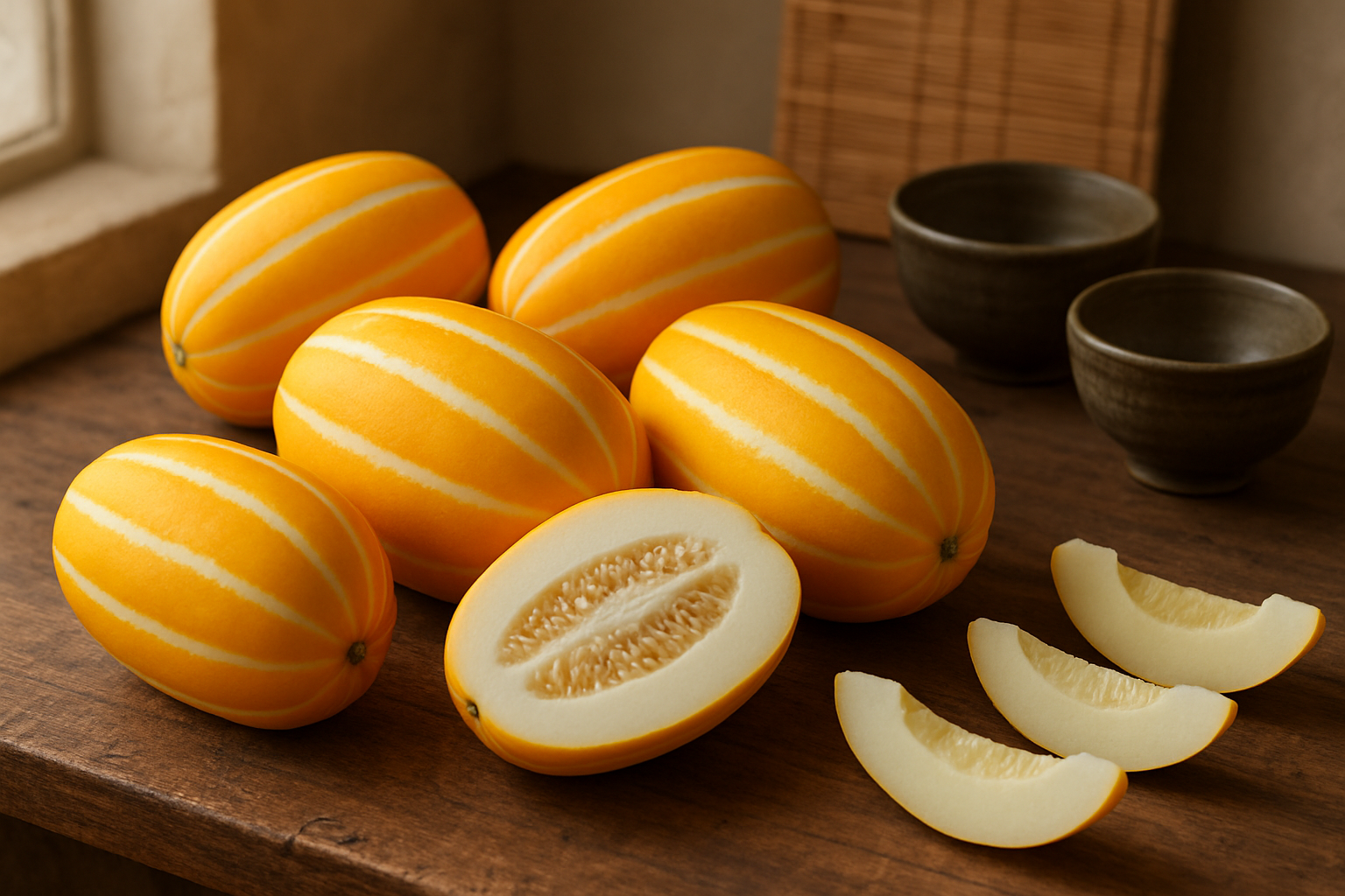 Create a realistic image of fresh Korean melons (chamoe) with their distinctive yellow skin and white stripes arranged on a rustic wooden table, with some melons whole and one cut in half showing the white flesh and seed cavity, surrounded by traditional Korean ceramic bowls and a few melon slices, soft natural lighting from a window creating gentle shadows, warm and inviting kitchen atmosphere with subtle Korean cultural elements like a bamboo mat in the background, absolutely NO text should be in the scene.