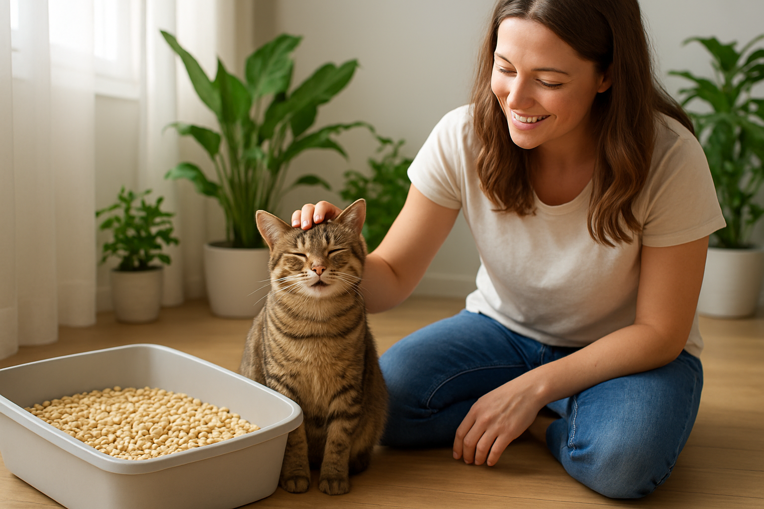 Create a realistic image of a happy tabby cat sitting next to a clean litter box filled with natural tofu-based litter pellets, with a white female cat owner kneeling beside the cat wearing casual clothes and gently petting the cat, surrounded by green plants in a bright, clean indoor setting with natural sunlight streaming through a window, conveying a sense of health, safety and well-being, absolutely NO text should be in the scene.