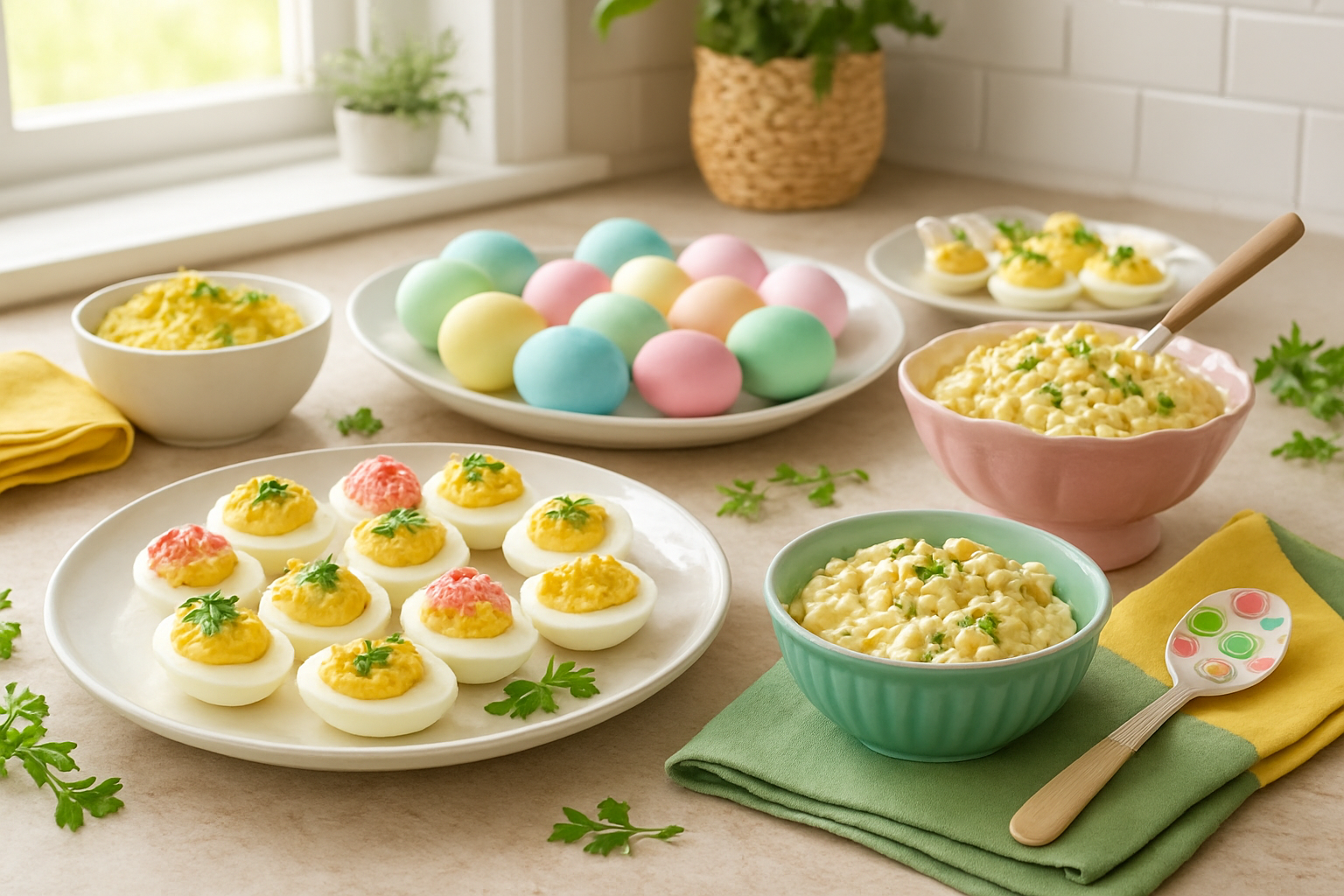 Create a realistic image of a beautifully arranged kitchen counter displaying various colorful Easter egg dishes including deviled eggs decorated with vibrant yellow, pink, and green garnishes, hard-boiled eggs dyed in pastel colors arranged on elegant serving platters, and creative egg salad preparations served in decorative bowls, surrounded by fresh spring herbs, colorful napkins, and Easter-themed serving utensils, with soft natural lighting streaming through a nearby window creating a warm and festive spring atmosphere, shot from a slightly elevated angle to showcase the variety of preparations. Absolutely NO text should be in the scene.