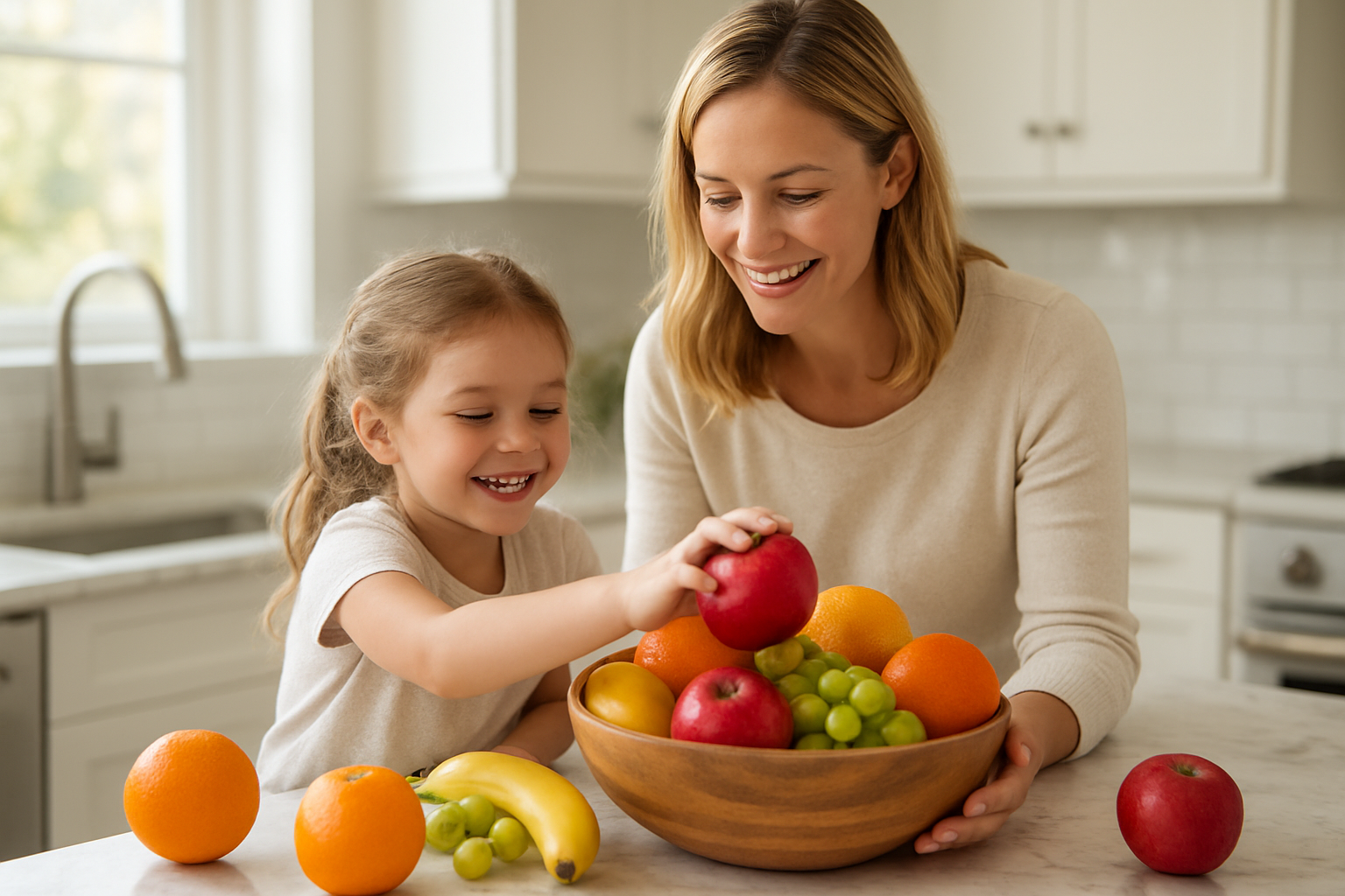 Create a realistic image of a white mother and her young daughter standing together in a bright, modern kitchen, both smiling as they examine and select fresh colorful fruits from a large wooden bowl on a marble countertop, with the child reaching for a bright red apple while various fruits like oranges, bananas, and grapes are scattered around them, natural daylight streaming through a window creating a warm, inviting atmosphere that emphasizes family bonding and healthy eating habits, absolutely NO text should be in the scene.
