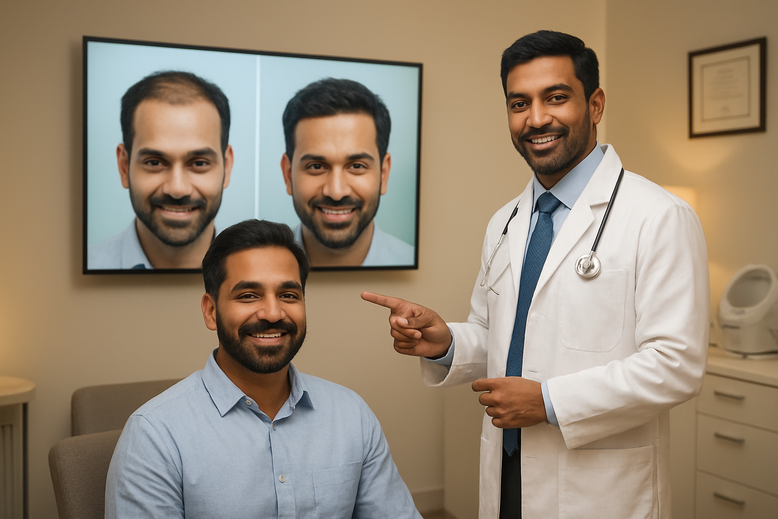 Create a realistic image of a confident Indian male patient with a successful hair transplant result sitting in a modern, well-lit hair clinic consultation room, showing natural-looking restored hairline, with a professional Indian male doctor in white coat standing beside him pointing to before-and-after photos on a digital screen, sleek medical equipment and certificates visible in the background, warm professional lighting creating a trustworthy atmosphere, both subjects smiling with satisfaction, clean modern clinic interior with comfortable seating and medical instruments, absolutely NO text should be in the scene.