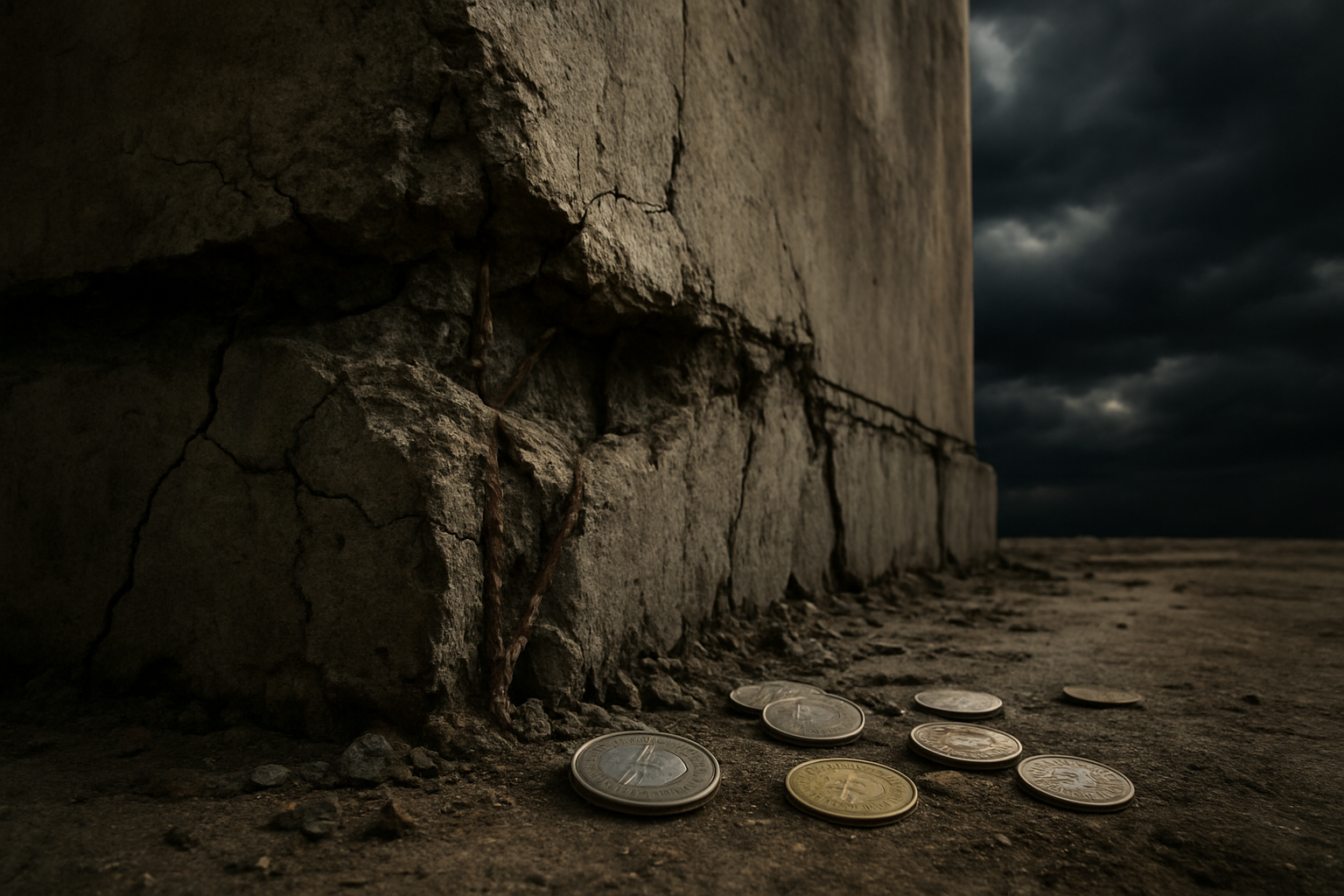 Create a realistic image of a cracked foundation of a large building with exposed rebar and concrete damage, showing structural weakness and deterioration, with Indian rupee coins scattered on the ground near the foundation cracks, dark stormy clouds in the background creating an ominous atmosphere, dramatic lighting with shadows emphasizing the severity of the structural problems, weathered concrete surfaces with visible stress marks and fractures running through the foundation, absolutely NO text should be in the scene.