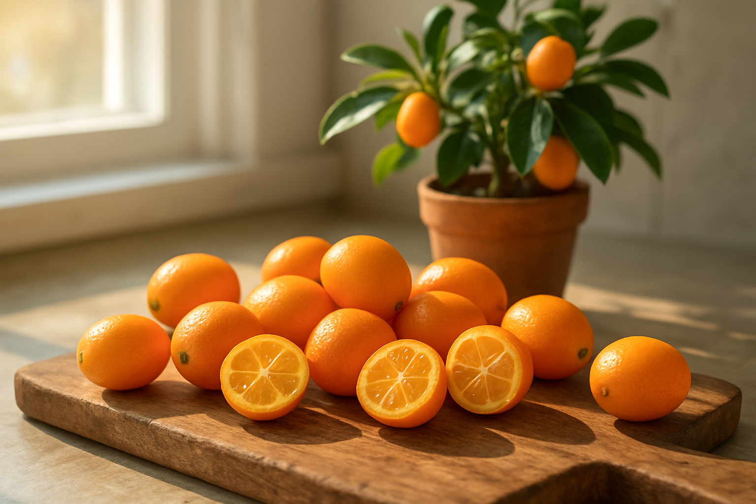 Create a realistic image of fresh kumquat fruits arranged on a rustic wooden cutting board with some whole kumquats and others cut in half showing their juicy interior, alongside a small potted kumquat tree with green leaves and orange fruits in the background, set in a bright kitchen environment with natural sunlight streaming through a window, creating warm golden lighting that highlights the vibrant orange color of the kumquats and the fresh green foliage, with soft shadows adding depth to the composition. Absolutely NO text should be in the scene.