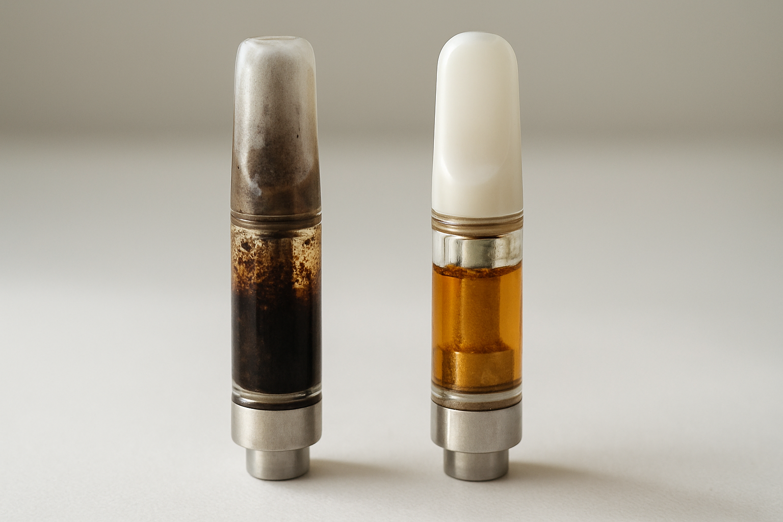 Create a realistic image of a close-up comparison scene showing two vape cartridges side by side on a clean white surface, one cartridge appearing burnt with darkened oil and blackened coil visible through clear glass, the other cartridge showing signs of clogging with thick amber oil and a clean but blocked mouthpiece, soft natural lighting from above highlighting the visual differences between the two cartridges, clean modern background with subtle shadows, absolutely NO text should be in the scene.