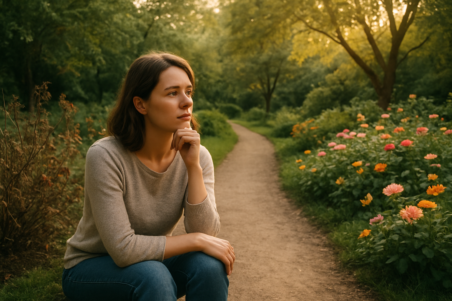 Create a realistic image of a thoughtful white woman in her 30s sitting at a crossroads path in a serene garden setting, with two distinct pathways diverging before her - one path leading to wilted flowers and thorny bushes representing settling, while the other path leads to vibrant blooming flowers and flourishing trees representing genuine love, soft golden hour lighting filtering through the trees creating a contemplative atmosphere, the woman wearing casual clothing and looking forward with a expression of careful consideration and hope, lush greenery surrounding the scene with butterflies near the blooming flowers, absolutely NO text should be in the scene.