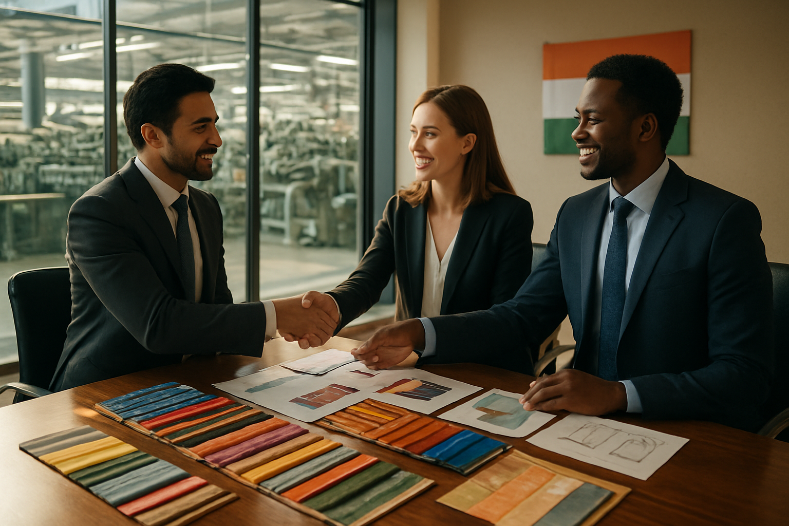 Create a realistic image of a professional South Asian male business executive in a modern office setting, shaking hands with a diverse group of international buyers (including a white female and black male professional) across a polished conference table, with colorful fabric samples and clothing designs spread across the table, Indian textile machinery visible through large windows in the background, warm natural lighting creating an atmosphere of successful business partnership and collaboration, with a subtle Indian flag element visible on the wall, conveying prosperity and international trade success, absolutely NO text should be in the scene.