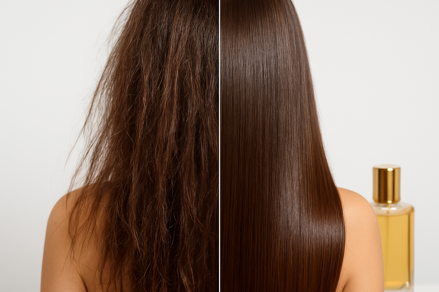 Create a realistic image of a split-screen before and after comparison showing hair transformation results, with the left side displaying damaged, dry, frizzy hair strands and the right side showing the same hair looking glossy, smooth, and healthy with natural shine, set against a clean white background with soft, even lighting that highlights the texture and condition differences, featuring a elegant glass bottle of luxury hair oil partially visible in the corner, absolutely NO text should be in the scene.