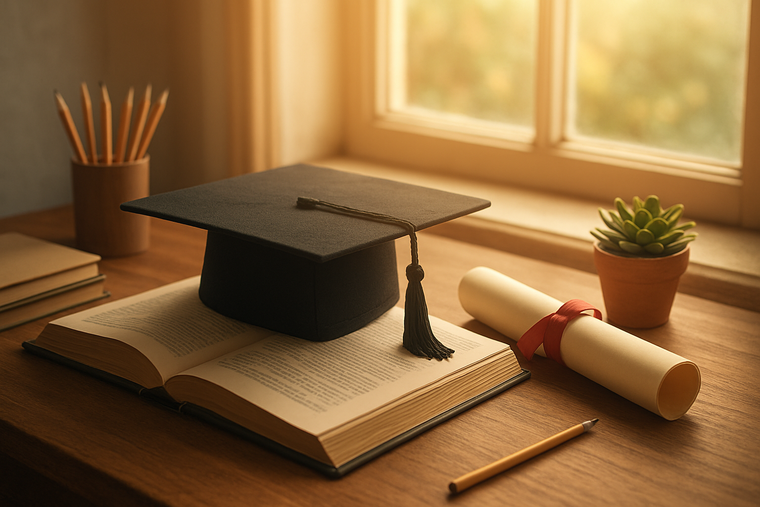 Create a realistic image of a peaceful study scene with an open book, graduation cap, and diploma placed on a wooden desk near a window with soft natural light streaming in, surrounded by educational items like pencils, notebooks, and a small potted plant, with warm golden lighting creating a hopeful and inspiring atmosphere that conveys academic achievement and future success, absolutely NO text should be in the scene.