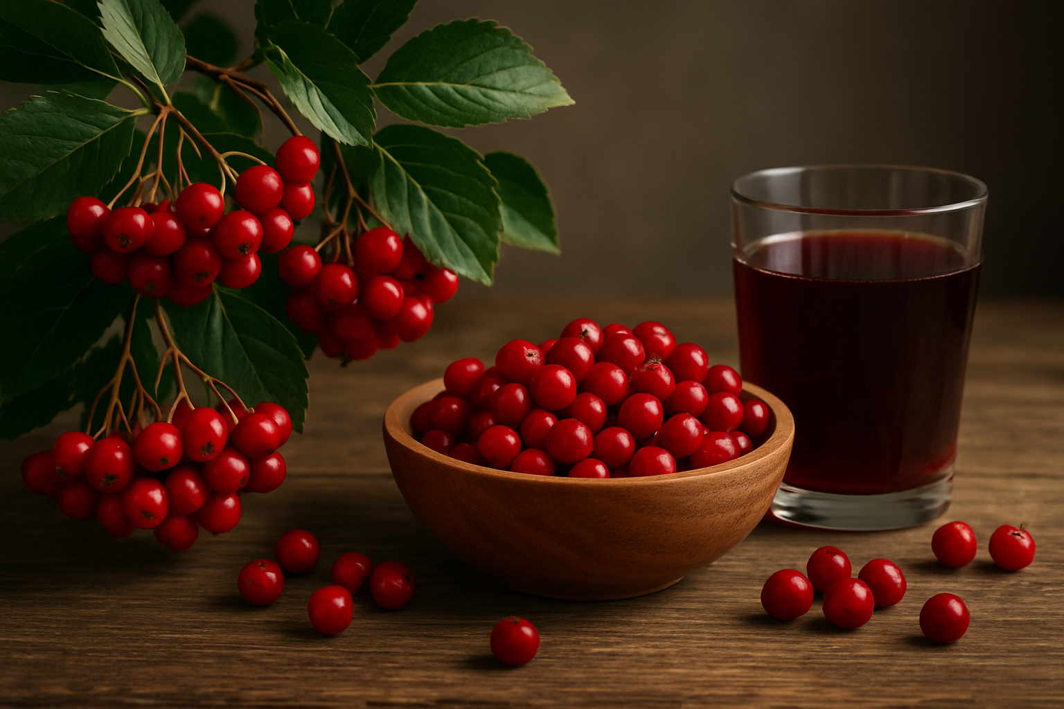 Create a realistic image of red chokeberries (Aronia arbutifolia) as the central focus, showing clusters of bright red berries hanging from branches with dark green serrated leaves, alongside a wooden bowl filled with fresh red chokeberries, a glass of dark red chokeberry juice, and some scattered berries on a rustic wooden table surface, with soft natural lighting coming from the side creating gentle shadows, conveying a wholesome and nutritious atmosphere that summarizes the comprehensive nature of the topic, absolutely NO text should be in the scene.