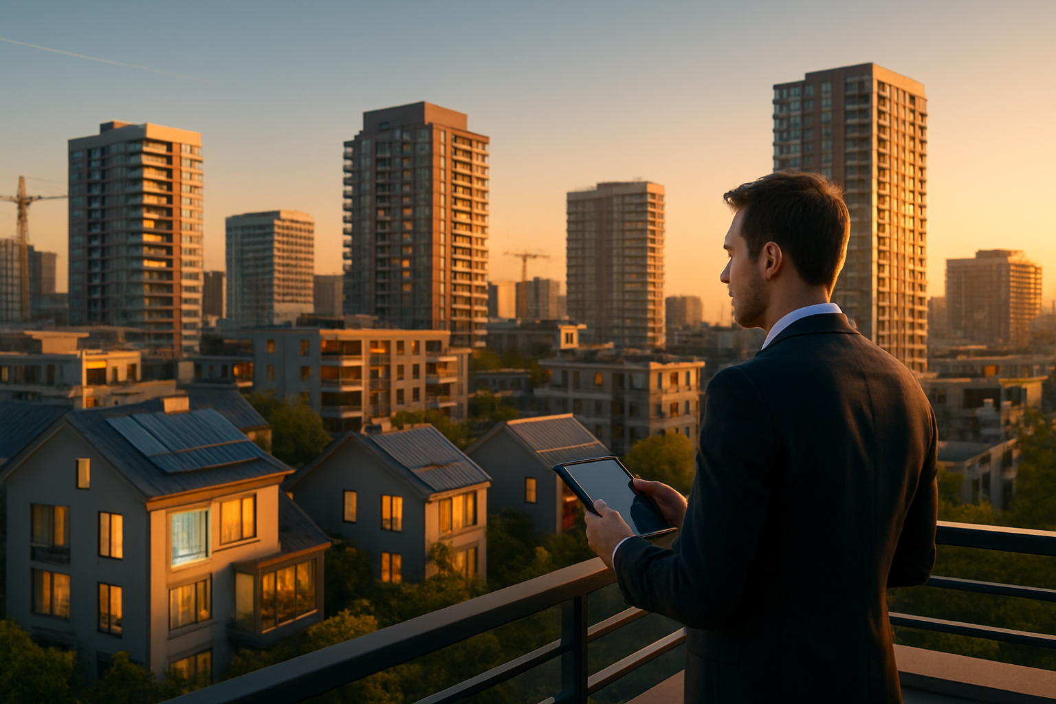 Create a realistic image of a modern cityscape at golden hour showing a diverse mix of residential buildings including high-rise apartments, mid-rise condos, and smart homes with visible technology features like solar panels and digital displays, with a white male real estate professional in a business suit standing on a rooftop terrace overlooking the urban landscape, holding a tablet device, while in the background there are construction cranes indicating ongoing development, the scene conveys optimism and progress with warm lighting casting long shadows across the buildings, and the sky shows a gradient from blue to orange suggesting the dawn of a new era in real estate, absolutely NO text should be in the scene.