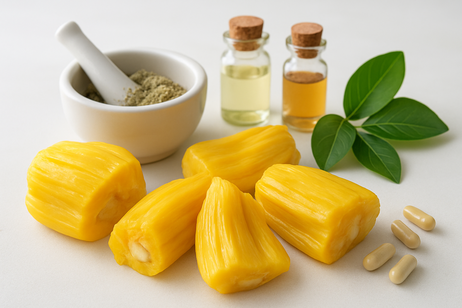 Create a realistic image of fresh cempedak fruit pieces arranged on a clean white surface alongside natural health symbols including mortar and pestle with ground herbs, small glass bottles containing natural extracts, fresh green leaves, and vitamin capsules, with soft natural lighting highlighting the golden yellow flesh of the cempedak fruit, creating a clean medicinal and wellness atmosphere, absolutely NO text should be in the scene.