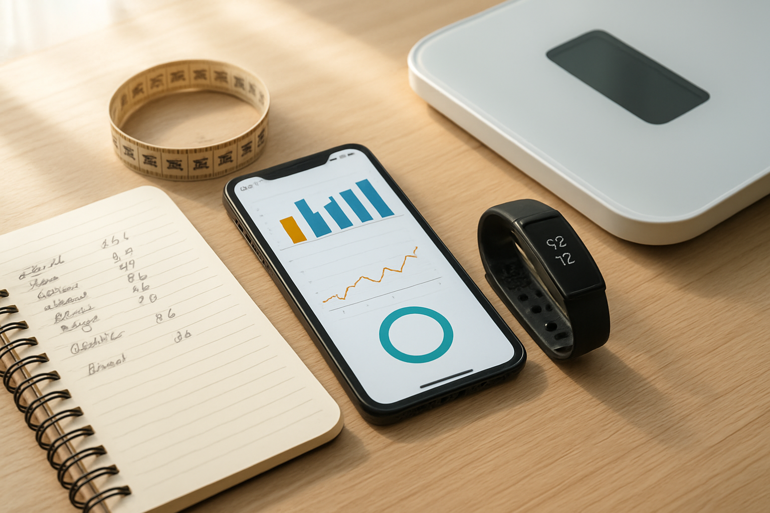 Create a realistic image of a fitness tracking setup showing measurable workout progress, featuring a smartphone displaying a fitness app with charts and graphs, a digital fitness tracker or smartwatch, a notebook with handwritten exercise logs and numbers, a measuring tape, and a scale, all arranged on a clean wooden surface with soft natural lighting from a window, creating a motivational and organized atmosphere that emphasizes data-driven fitness tracking and personal achievement, absolutely NO text should be in the scene.