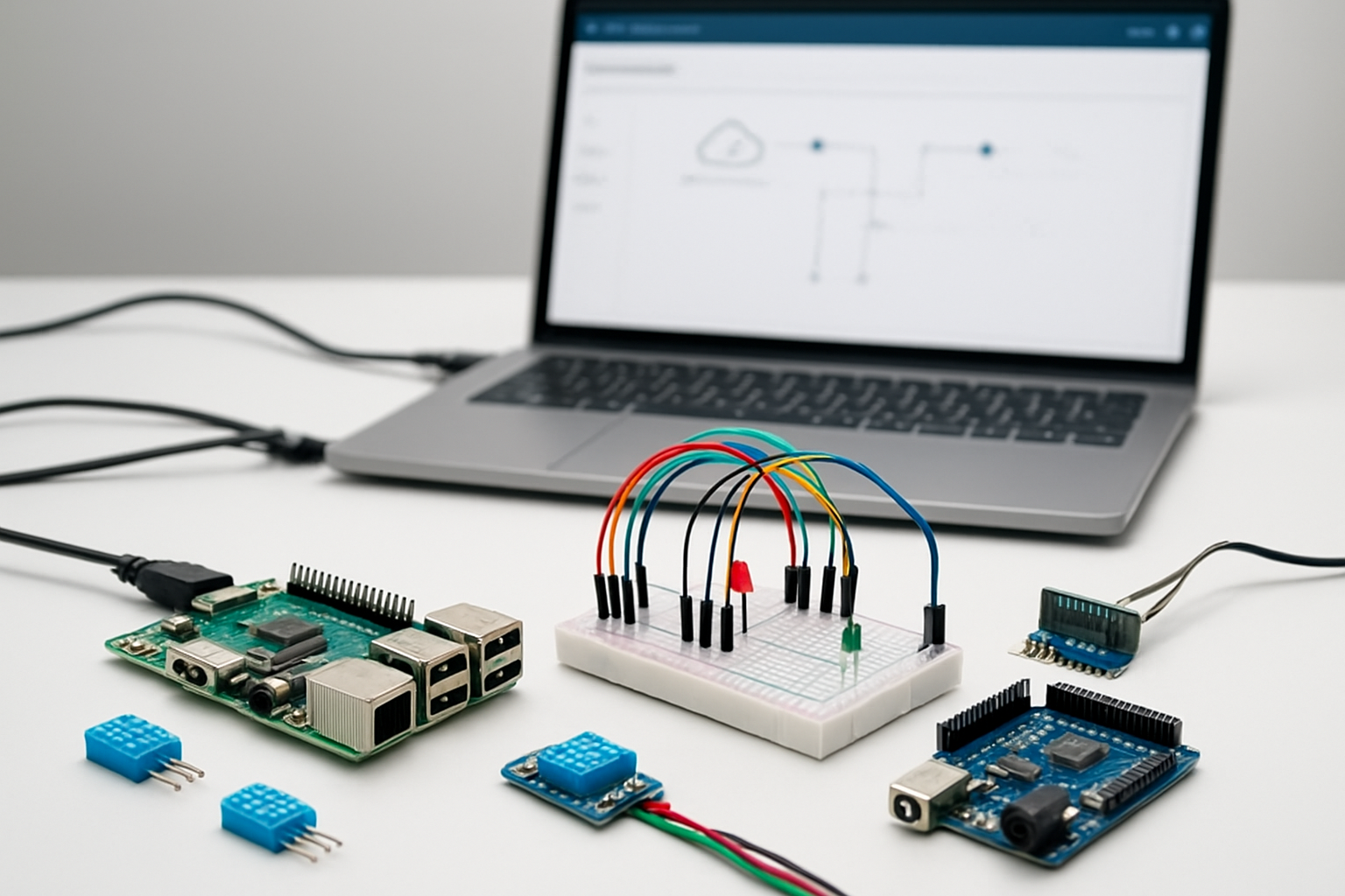 Create a realistic image of various IoT hardware components arranged on a clean white workbench including a Raspberry Pi microcontroller, Arduino board, breadboard with colorful jumper wires, temperature and humidity sensors, LED indicators, and a WiFi module, with an open laptop in the background displaying AWS IoT console interface, under bright even lighting in a modern electronics workspace, with cables and connections partially assembled showing the hardware setup process in progress, absolutely NO text should be in the scene.
