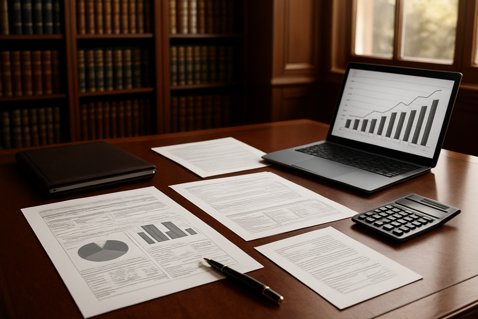 Create a realistic image of a sophisticated office setting with a mahogany desk displaying organized financial documents, tax forms, and legal papers spread out professionally, alongside a sleek laptop showing investment charts, with a leather portfolio folder, expensive fountain pen, and calculator nearby, set against a backdrop of floor-to-ceiling bookshelves filled with financial and legal reference books, illuminated by warm natural light from large windows, creating an atmosphere of wealth management and financial planning expertise. Absolutely NO text should be in the scene.