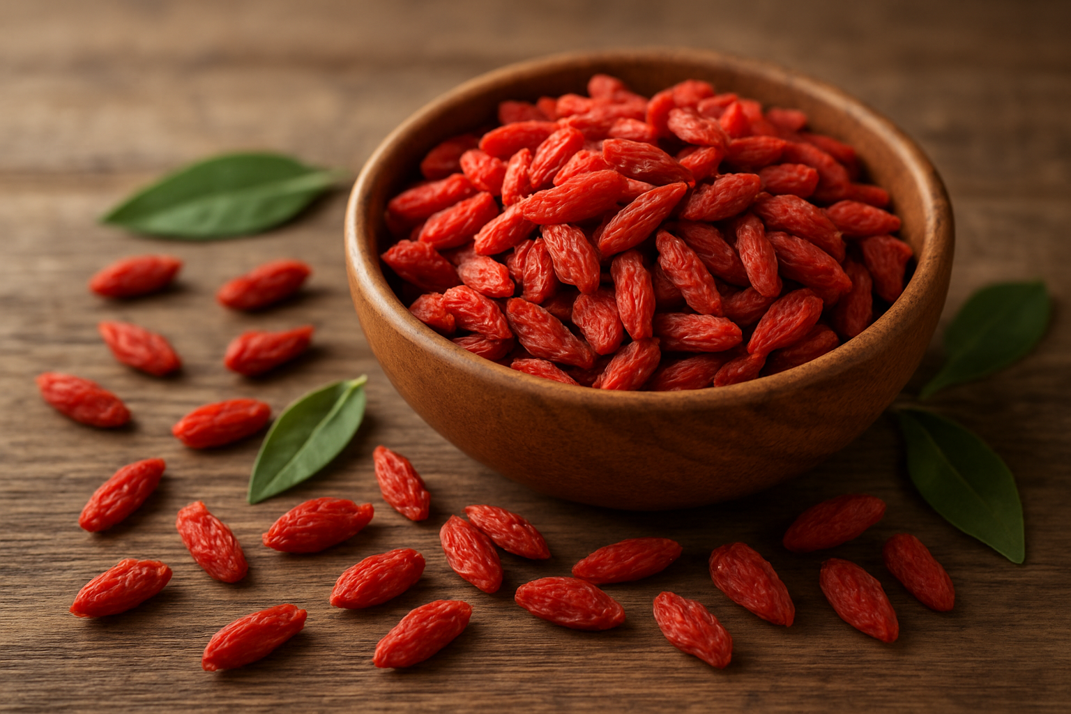 Create a realistic image of vibrant red goji berries spilling from a wooden bowl onto a rustic wooden table, with scattered individual berries showing their wrinkled texture and natural glossy sheen, alongside fresh green goji leaves, set against a soft natural lighting background that highlights the rich nutritional colors and textures of these superfruits, with subtle shadows creating depth and warmth in the composition. Absolutely NO text should be in the scene.