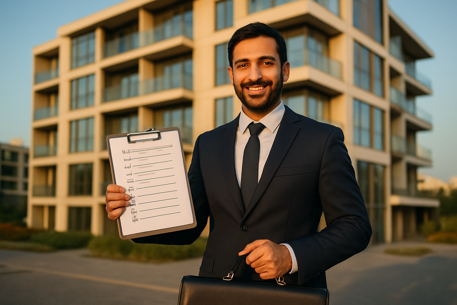 Create a realistic image of a Middle Eastern male professional in a business suit holding a completed property inspection checklist while standing confidently in front of a modern UAE residential building with glass facades, with a briefcase beside him, warm golden hour lighting creating an optimistic and accomplished atmosphere, clear blue sky in the background suggesting resolution and clarity, the man appears satisfied having completed the property defects assessment process, professional and conclusive mood with soft natural lighting, absolutely NO text should be in the scene.