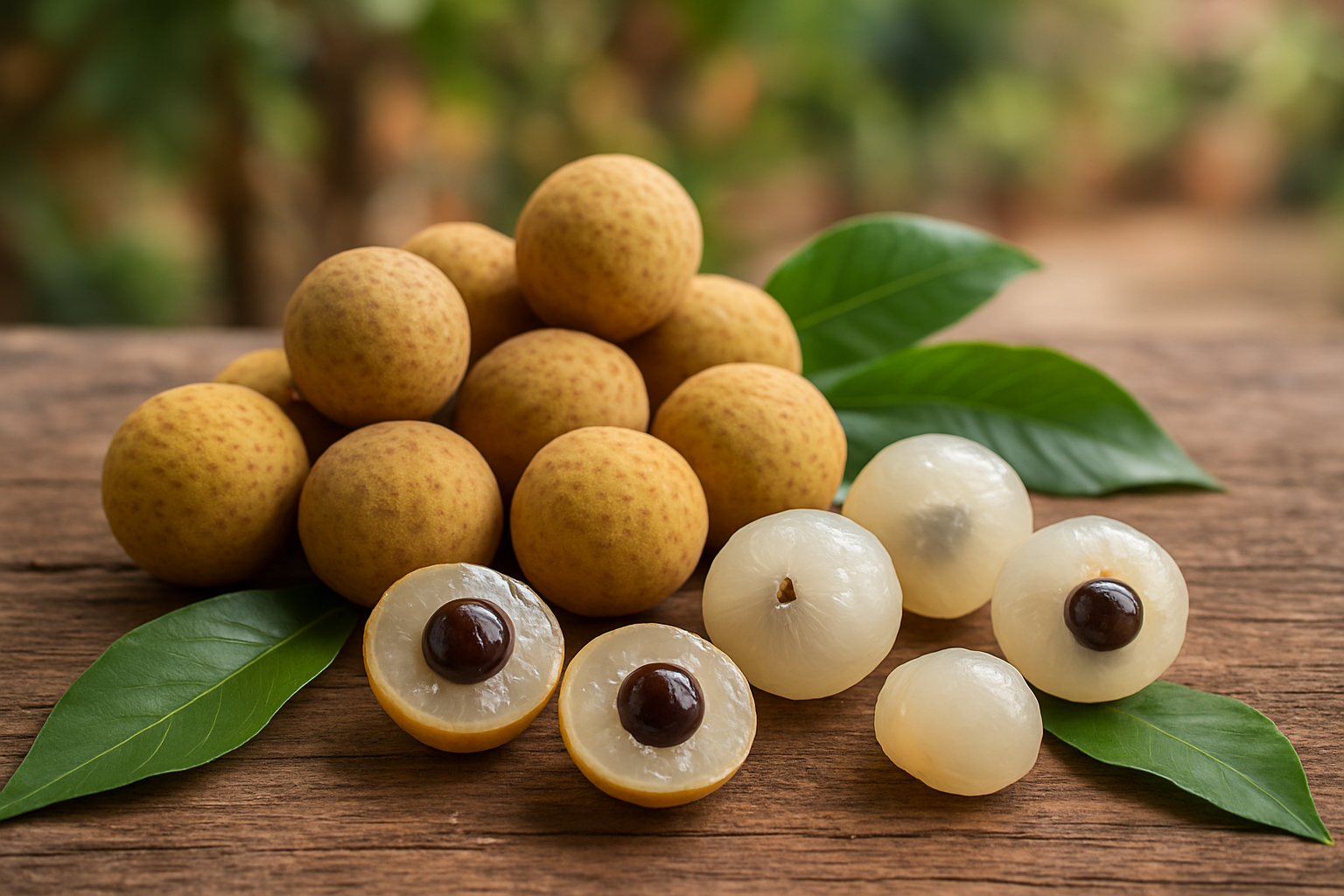 Create a realistic image of fresh longan fruits displayed on a rustic wooden surface, showing both whole longans with their distinctive brown, bumpy skin and several peeled longans revealing the translucent white flesh with dark seeds visible inside, scattered around tropical green leaves, with soft natural lighting creating gentle shadows, and a blurred background suggesting an Asian orchard or marketplace setting. Absolutely NO text should be in the scene.
