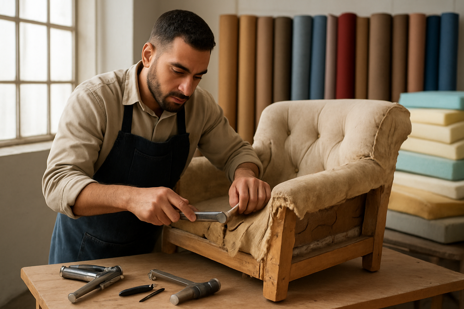 Create a realistic image of a professional Middle Eastern male upholsterer working on reupholstering a sofa in a well-lit workshop, showing him carefully removing old fabric from a couch frame with professional tools, surrounded by rolls of new upholstery fabric in various colors, upholstery tools like staple guns and hammers neatly arranged on a workbench, foam padding materials stacked nearby, the workspace has good natural lighting from large windows, creating a clean and organized professional atmosphere that conveys quality craftsmanship and expertise, absolutely NO text should be in the scene.