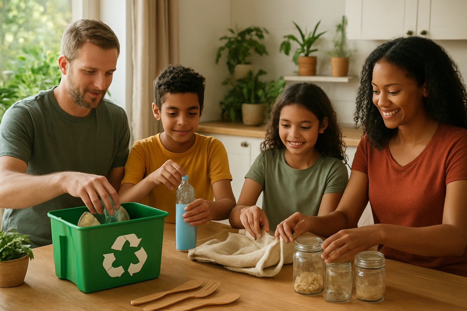 Create a realistic image of a diverse family of four - a white father, black mother, and two mixed-race children aged 8 and 12 - gathered around a kitchen table engaged in eco-friendly activities together, with the father sorting recyclables into labeled bins, the mother preparing reusable cloth shopping bags, one child filling reusable water bottles, and the other child organizing a small collection of glass jars for food storage, surrounded by houseplants, natural lighting streaming through a window, bamboo utensils visible on the counter, and a warm, collaborative atmosphere that emphasizes sustainable living practices as a family unit, absolutely NO text should be in the scene.