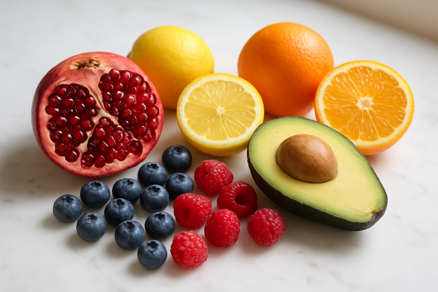 Create a realistic image of fresh hormone-balancing fruits including pomegranates with visible seeds, ripe avocados cut in half, fresh berries like blueberries and raspberries, and citrus fruits arranged on a clean white marble surface with soft natural lighting from a window, creating gentle shadows and highlighting the vibrant colors and textures of the fruits, shot from a slightly elevated angle to showcase the variety and freshness, with a bright and healthy mood that emphasizes wellness and nutrition. Absolutely NO text should be in the scene.