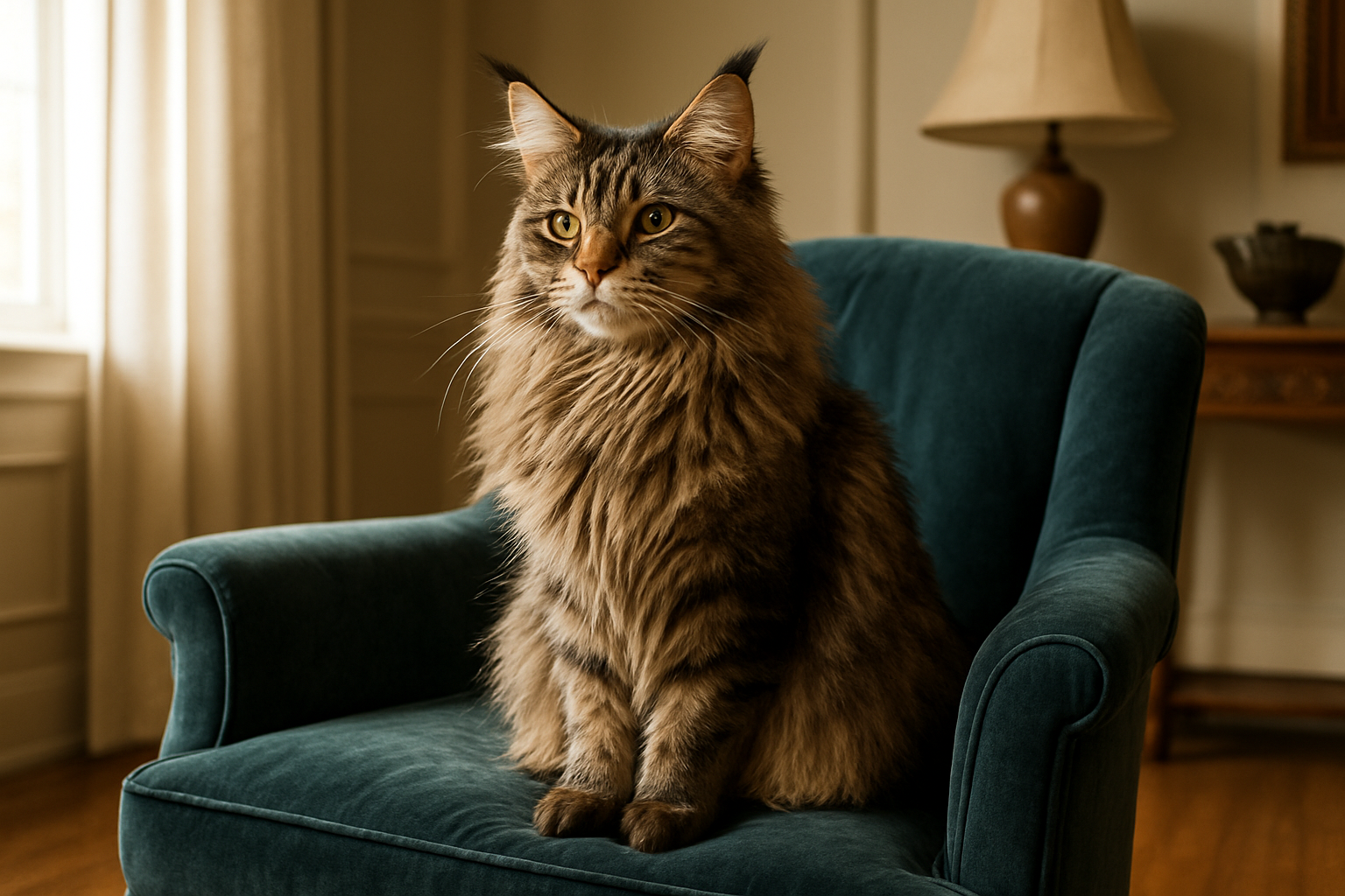 Create a realistic image of a beautiful Maine Coon cat with distinctive tufted ears and long fluffy coat sitting regally on a luxurious velvet armchair in an elegant home interior, with soft natural lighting from a nearby window illuminating the cat's majestic features, expensive-looking home decor visible in the background including hardwood floors and quality furniture, conveying a sense of premium value and long-term companionship, warm and inviting atmosphere suggesting the lasting worth of pet ownership, absolutely NO text should be in the scene.