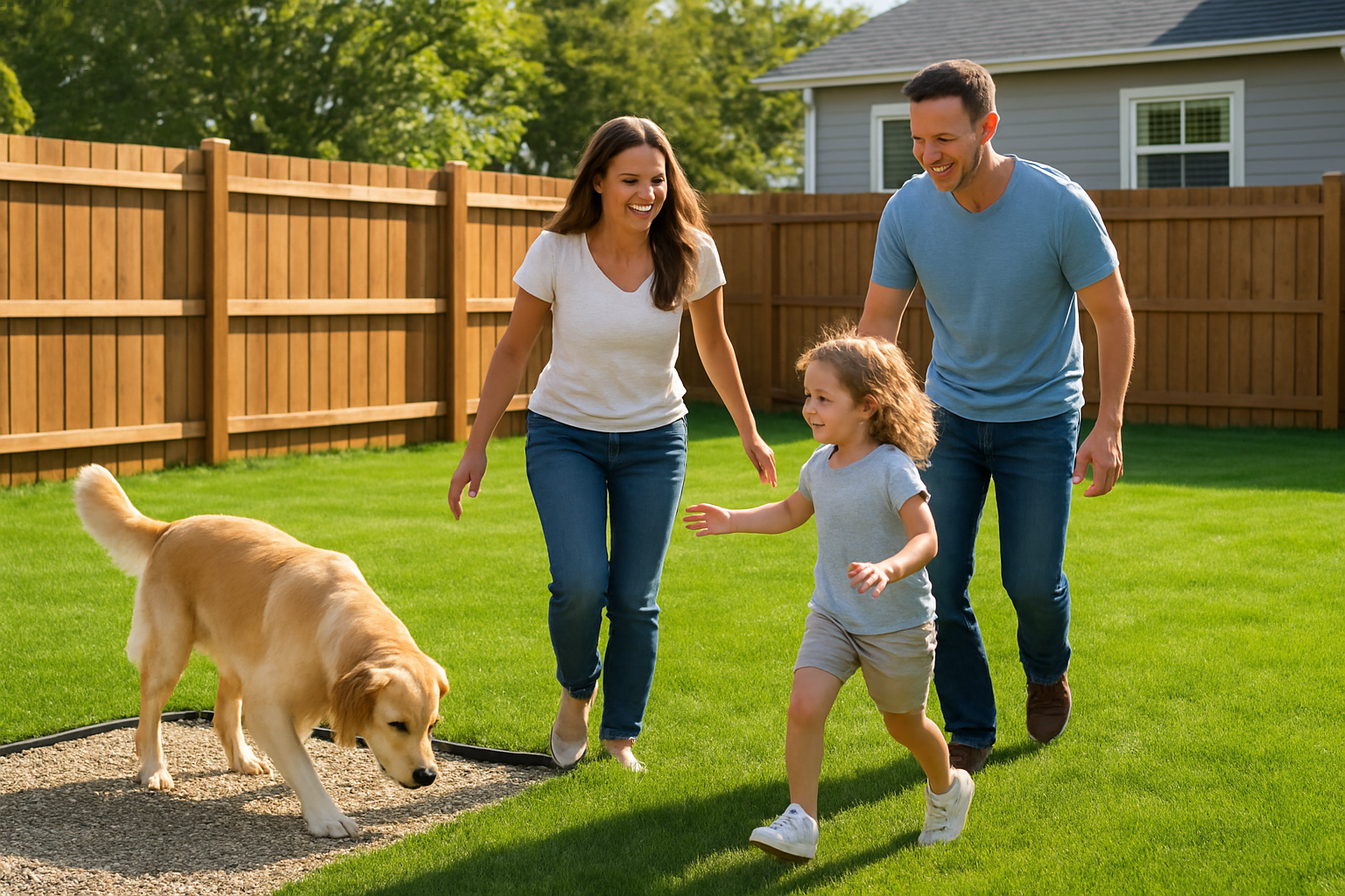 Create a realistic image of a happy white family with two parents and a child playing safely in a clean, well-maintained backyard while their dog uses a designated gravel potty area separated from the main lawn, showing the contrast between the pristine grass play area and the contained dog waste zone, with bright natural daylight, green healthy lawn, wooden fence boundary, and a suburban home visible in the background, emphasizing cleanliness and family health safety, absolutely NO text should be in the scene.
