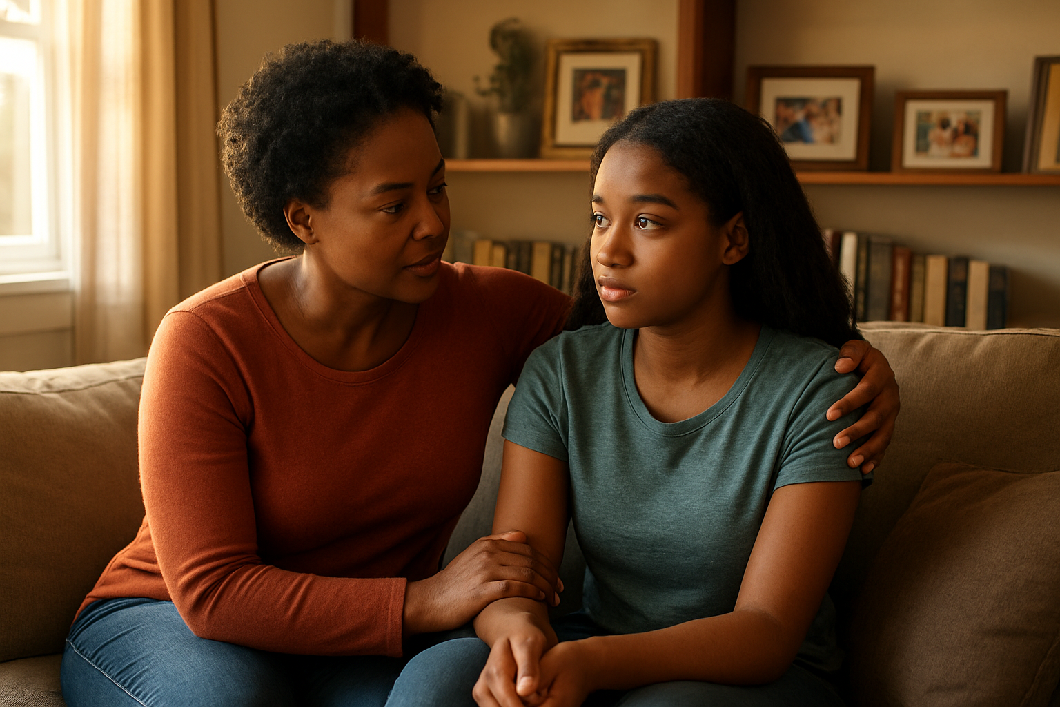 Create a realistic image of a caring black mother sitting on a cozy living room couch next to her teenage daughter, with the mother's arm gently around the girl's shoulders as they have an intimate conversation, warm afternoon sunlight streaming through nearby windows creating a soft, comforting atmosphere, with family photos and books visible on shelves in the background, both subjects showing expressions of trust and emotional connection, the scene conveying warmth, safety, and maternal support through body language and facial expressions, absolutely NO text should be in the scene.