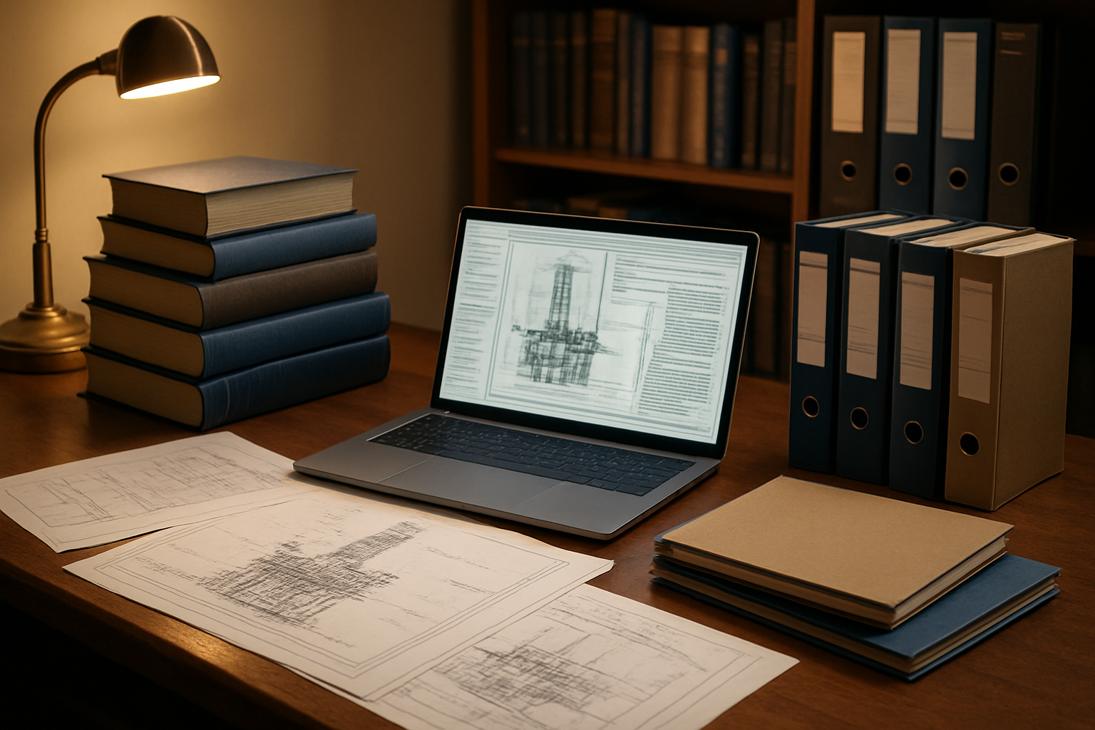 Create a realistic image of a well-organized technical library or research desk featuring stacks of engineering manuals, technical journals, and reference books about oil rig operations, with a laptop computer displaying technical documentation, engineering blueprints and diagrams scattered on a wooden desk surface, industrial safety standards binders, and technical specification folders, all arranged in a professional office environment with warm lighting from a desk lamp, creating a scholarly atmosphere that represents comprehensive research resources for onshore drilling equipment upgrades, absolutely NO text should be in the scene.
