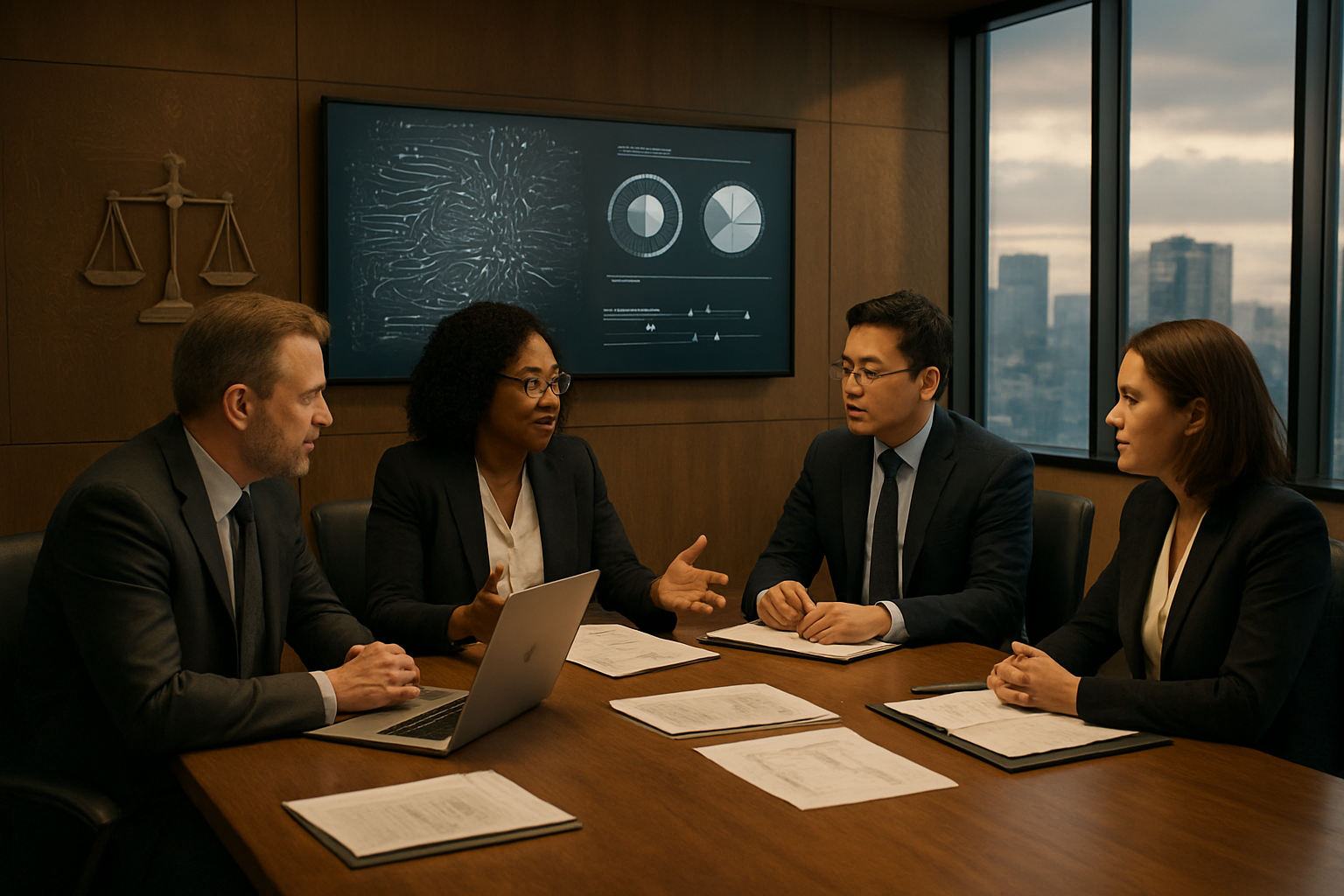 Create a realistic image of a modern corporate boardroom with a large wooden conference table where diverse business professionals including a white male executive, a black female lawyer, and an Asian male compliance officer are engaged in a serious discussion, with laptops and legal documents spread across the table, a large wall-mounted screen displaying AI ethics frameworks and compliance charts, warm ambient lighting creating a thoughtful atmosphere, glass windows showing a city skyline in the background, and subtle visual elements like scales of justice and circuit board patterns integrated into the room's design to represent the intersection of technology and legal ethics, absolutely NO text should be in the scene.