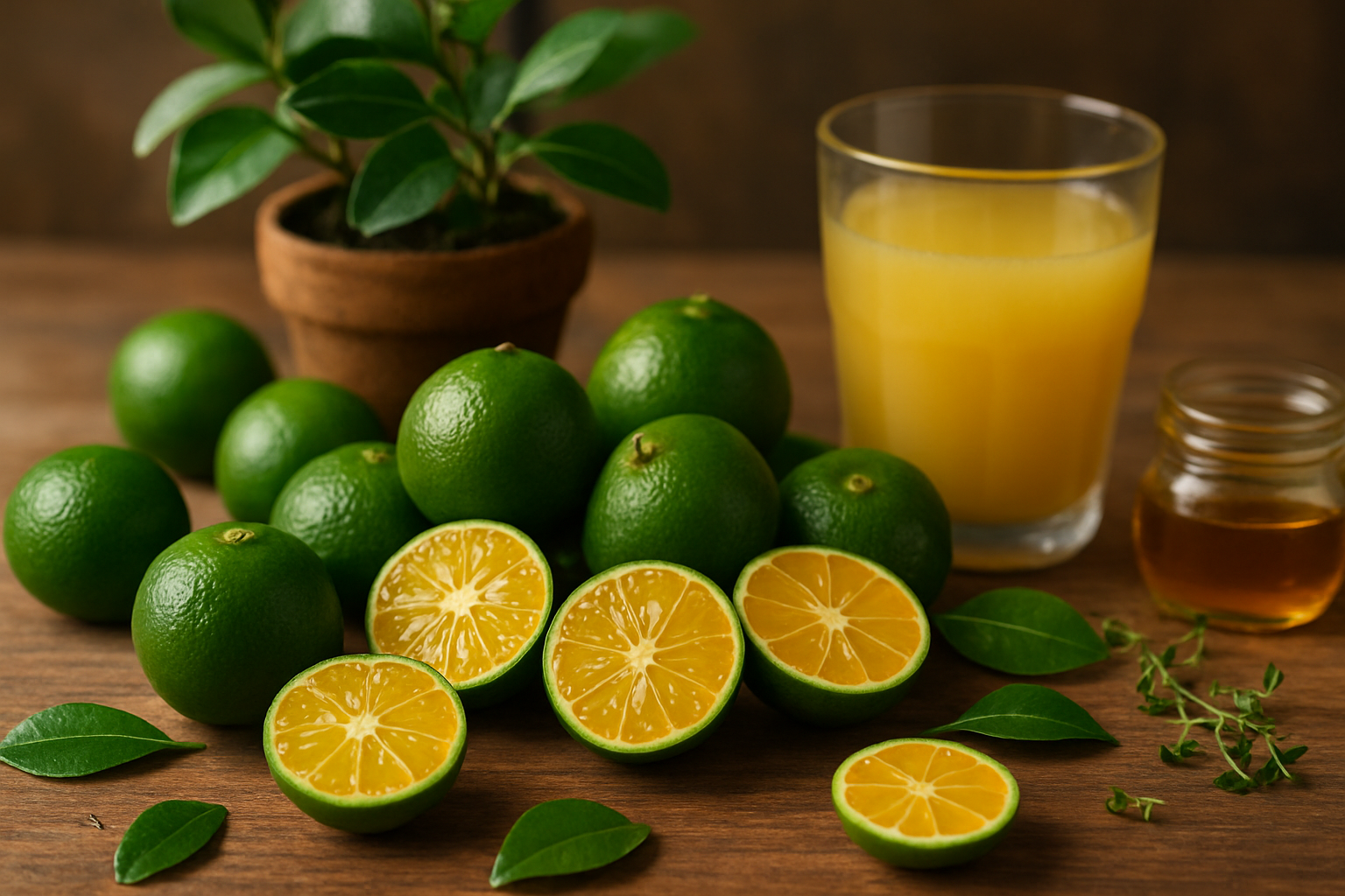 Create a realistic image of fresh calamansi fruits arranged artistically on a wooden surface, showing both whole green citrus fruits and halved pieces revealing the juicy interior, accompanied by a small potted calamansi plant with green leaves in the background, a glass of fresh calamansi juice, and subtle cooking ingredients like honey and herbs scattered around, all set in warm natural lighting that highlights the vibrant green color and glossy texture of the fruits, creating an inviting and fresh atmosphere that represents the complete journey from growing to consuming calamansi, absolutely NO text should be in the scene.