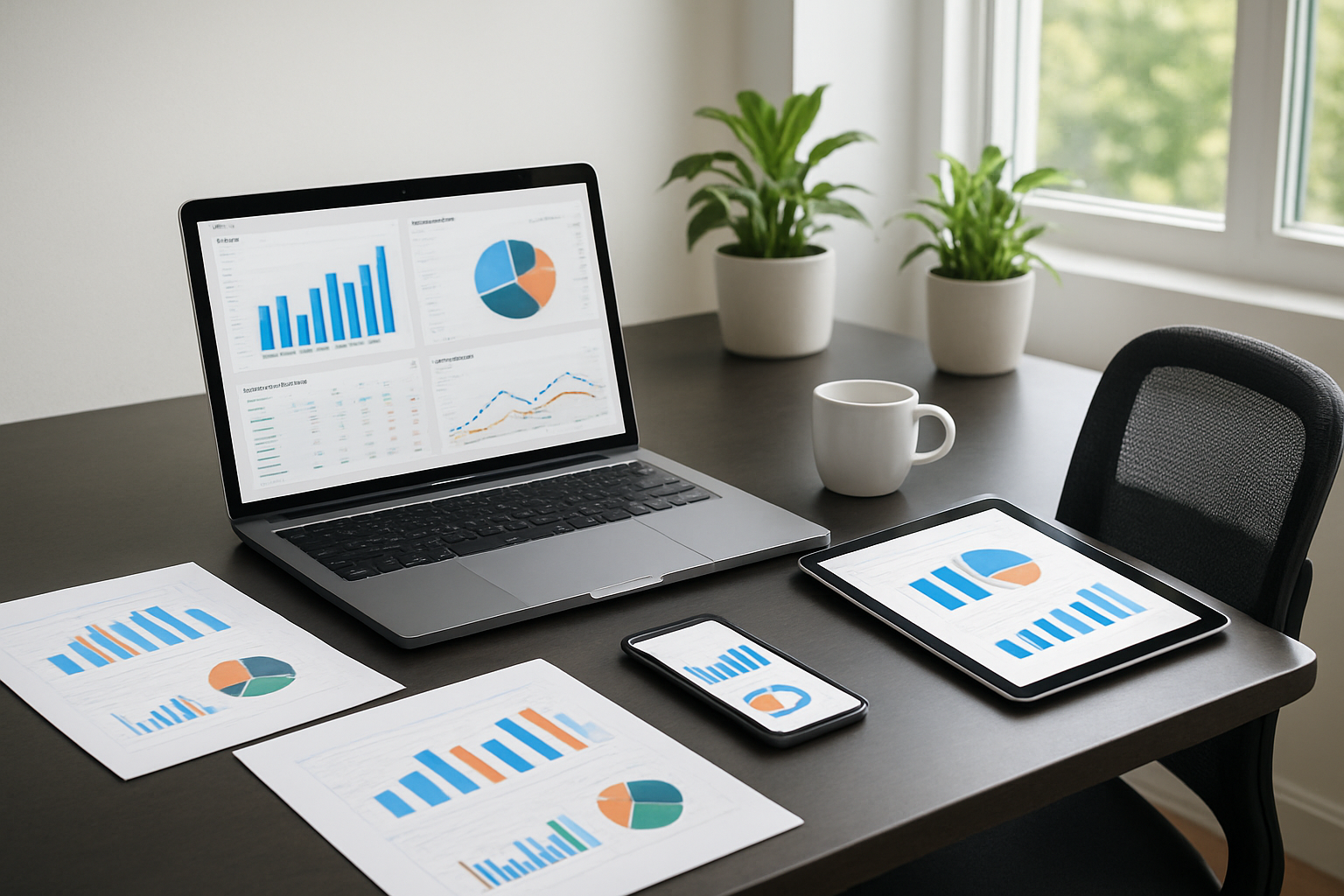 Create a realistic image of a modern home office setup with an Apple MacBook Pro open on a sleek desk displaying sales charts and marketing analytics dashboards, accompanied by an iPhone and iPad showing business presentations, with marketing materials like colorful graphs and sales reports scattered nearby, a comfortable ergonomic chair, large window with natural daylight streaming in creating a bright productive atmosphere, potted plants adding a fresh touch to the workspace, and a coffee cup suggesting an active work session, all set against a clean minimalist background that conveys professionalism and remote work efficiency, absolutely NO text should be in the scene.