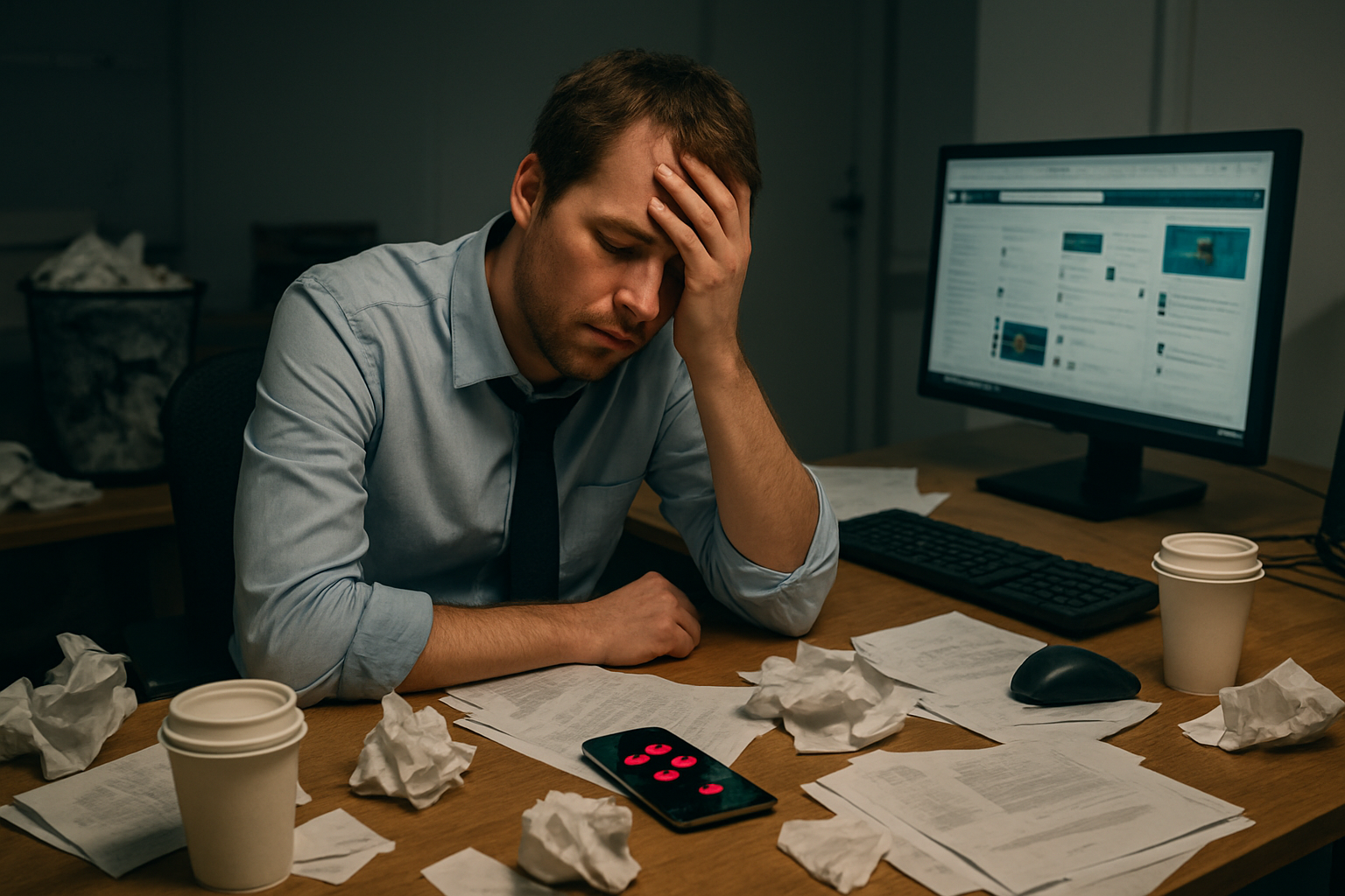 Create a realistic image of a cluttered office desk with scattered papers, empty coffee cups, a smartphone showing multiple notification badges, an overflowing trash bin nearby, a computer screen displaying multiple browser tabs and social media sites, with a tired-looking white male professional slumped in his chair looking overwhelmed, dim fluorescent office lighting creating shadows, representing workplace chaos and unproductive habits, absolutely NO text should be in the scene.