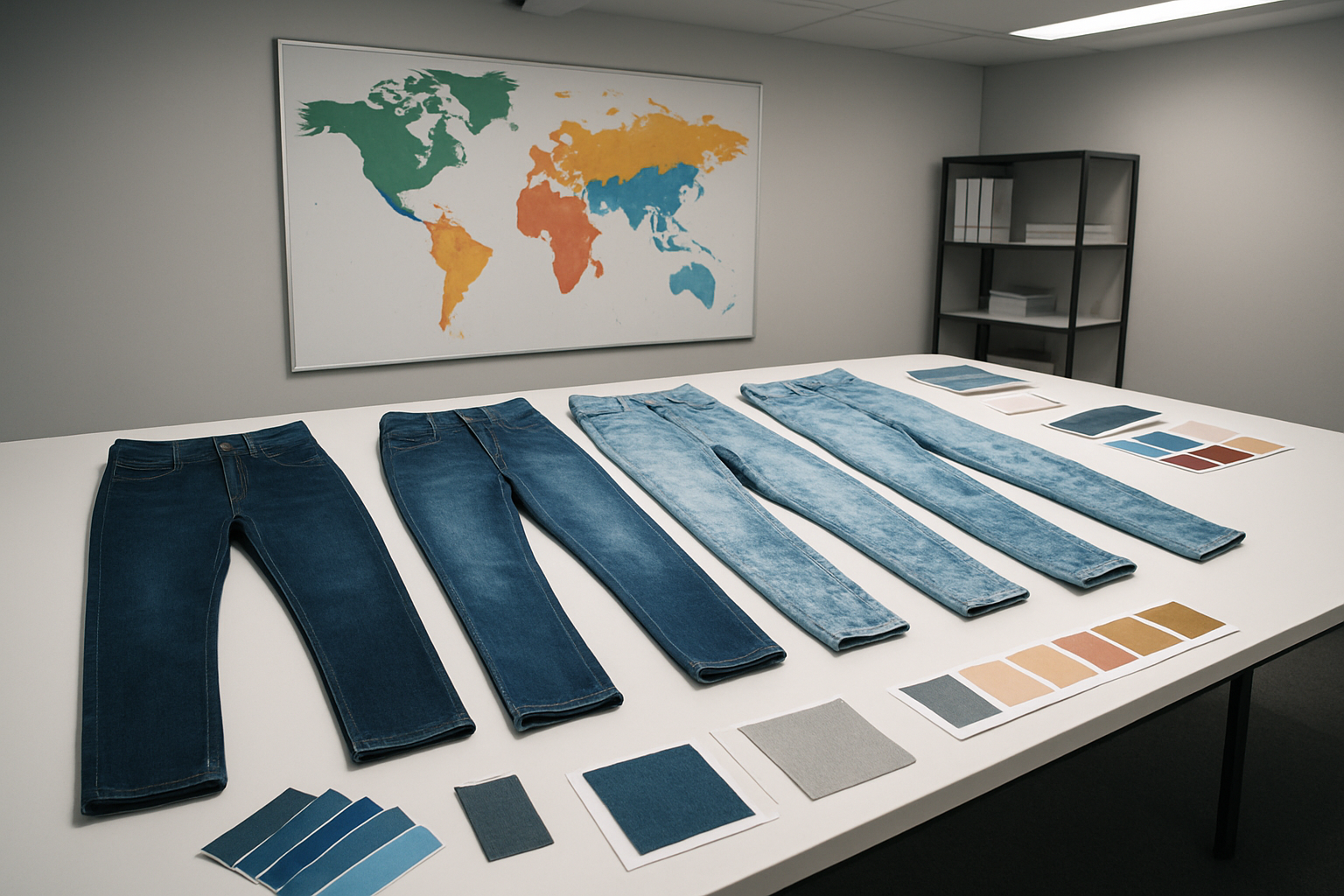 Create a realistic image of a professional fashion merchandising workspace showing multiple denim jeans samples with different wash treatments laid out on a clean white table, including dark indigo, stone wash, acid wash, and distressed finishes, with a world map displayed on the wall in the background showing different continents highlighted in various colors, color swatches and fabric samples scattered around the jeans, modern office lighting creating clear visibility of the different denim textures and wash variations, clean and organized commercial environment suggesting strategic planning and market analysis, absolutely NO text should be in the scene.
