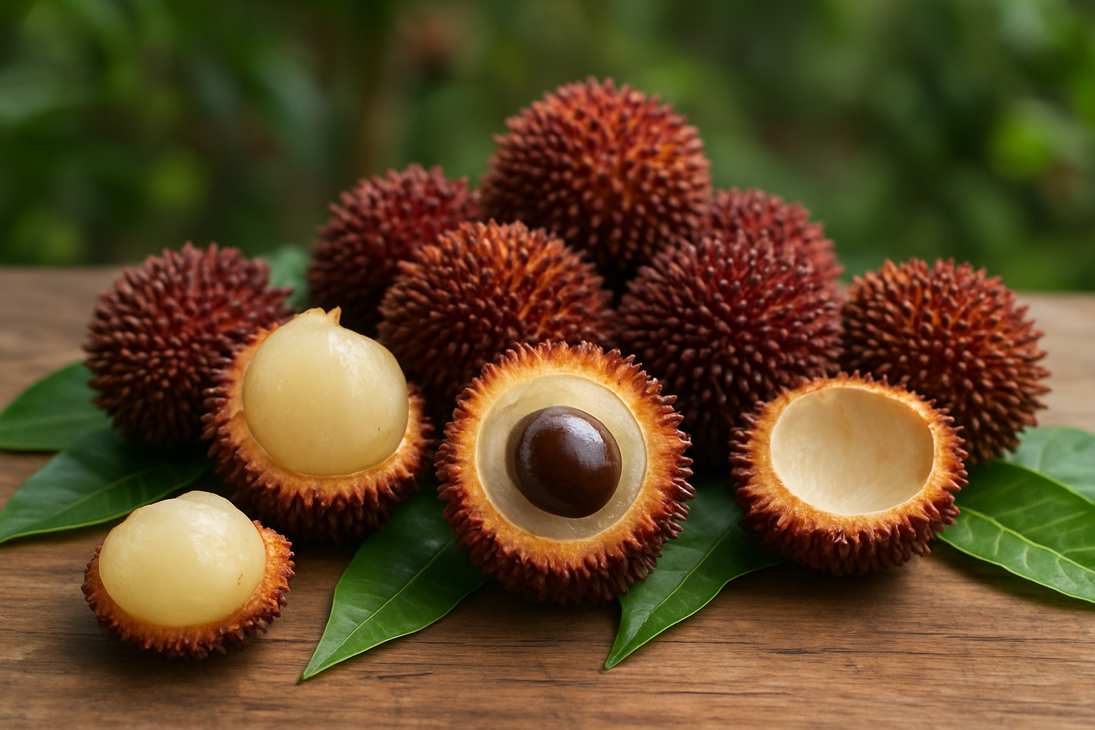 Create a realistic image of exotic pulasan fruits displayed prominently showing their distinctive reddish-brown spiky exterior and creamy white translucent flesh inside, with some fruits whole and others cut open or peeled to reveal the dark seed within, arranged on a natural wooden surface with tropical green leaves scattered around, soft natural lighting highlighting the unique textural contrast between the hairy outer skin and smooth inner fruit, tropical garden background slightly blurred, absolutely NO text should be in the scene.
