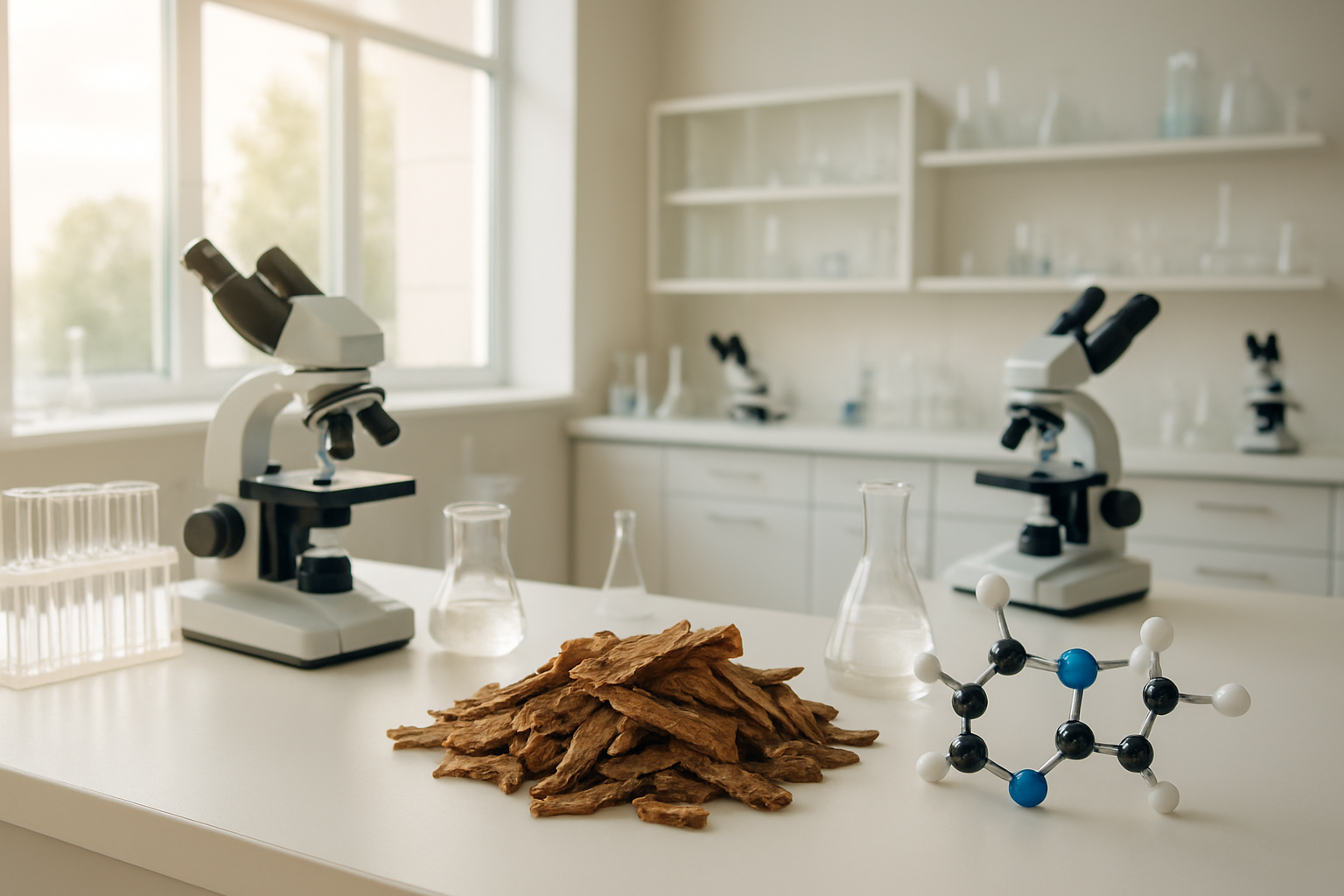 Create a realistic image of a modern medical research laboratory with scientific equipment including microscopes, test tubes, and laboratory glassware on clean white countertops, featuring iboga root bark samples and ibogaine molecular structure models displayed on a research table, with soft natural lighting from large windows creating a professional healthcare environment, warm and hopeful mood suggesting medical breakthrough and healing potential, absolutely NO text should be in the scene.