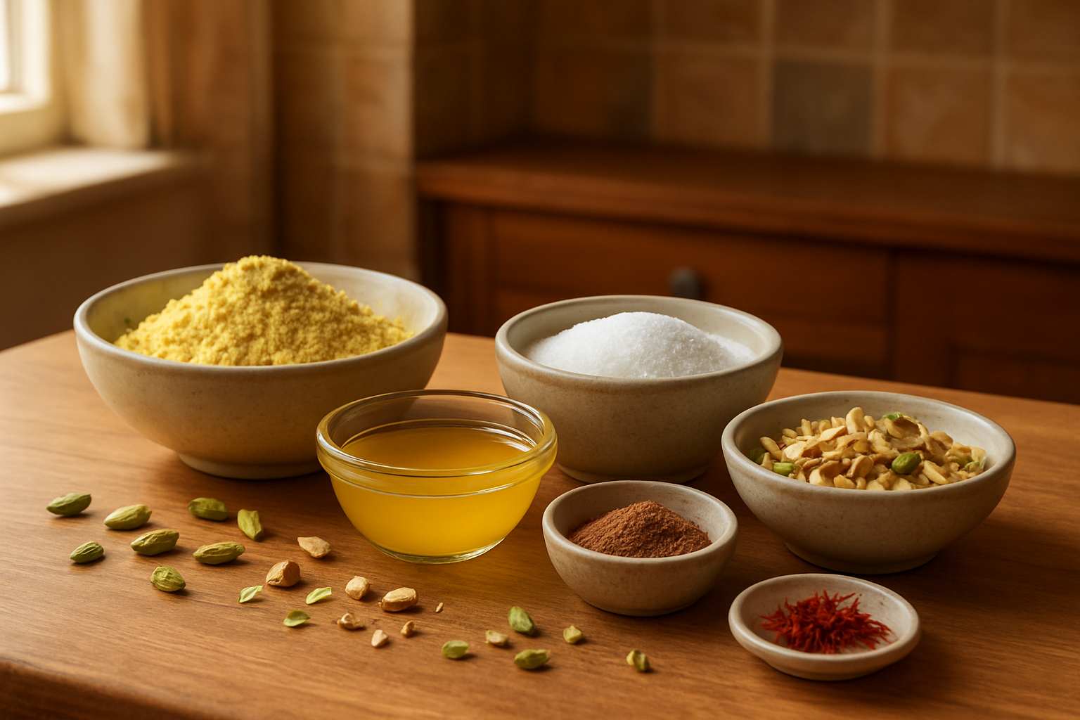 Create a realistic image of essential ingredients for making Motichoor Laddu arranged on a clean wooden kitchen counter, featuring small bowls containing fine gram flour (besan), ghee, sugar, cardamom powder, chopped nuts like almonds and pistachios, and saffron strands, with some ingredients scattered naturally around the bowls, warm natural lighting from a window creating soft shadows, traditional Indian kitchen setting in the background, Absolutely NO text should be in the scene.