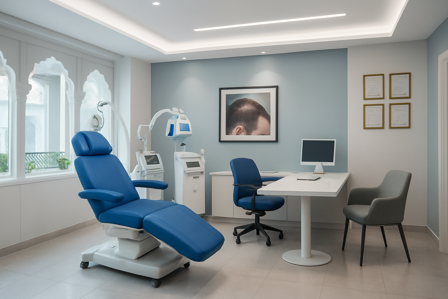 Create a realistic image of a modern, upscale hair transplant clinic interior in Bangalore showcasing distinctive premium features, with sleek medical equipment, contemporary furniture, awards or certificates displayed on walls, professional lighting, clean white and blue color scheme, advanced hair restoration technology visible, luxurious patient consultation area, and subtle Indian architectural elements in the background to indicate the Bangalore location, absolutely NO text should be in the scene.
