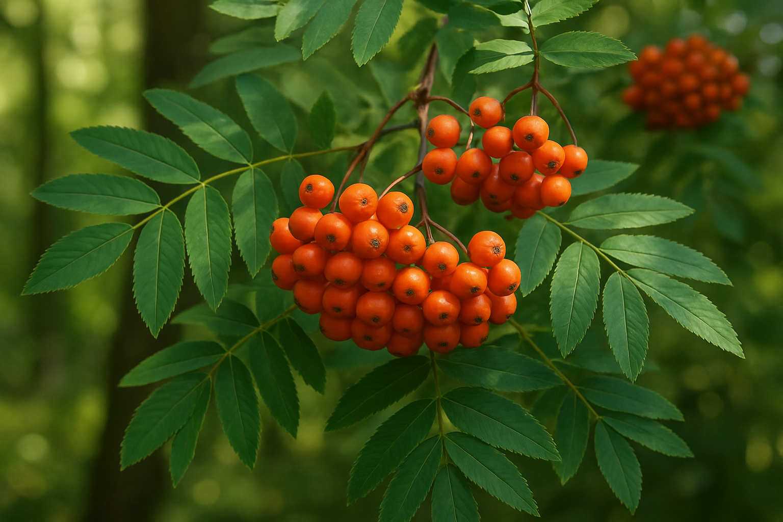 Create a realistic image of a close-up view of rowanberry clusters hanging from branches with distinctive compound leaves, showing the bright orange-red berries in sharp detail against a soft-focused natural woodland background, with dappled sunlight filtering through the canopy creating gentle shadows on the foliage, emphasizing the botanical features including the serrated leaflets, smooth bark, and the characteristic clustered berry formation that would help with identification, captured in natural daylight with crisp clarity. Absolutely NO text should be in the scene.
